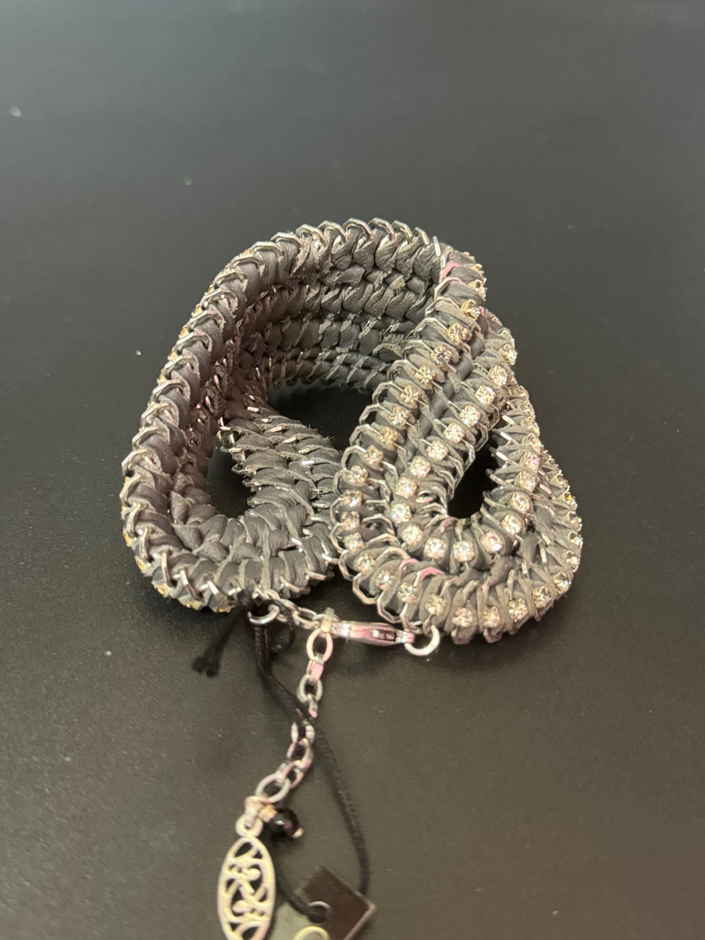 Retro grey & clear Swarovski Crystal diamanté and silk cord wide chunky cocktail bracelet designer