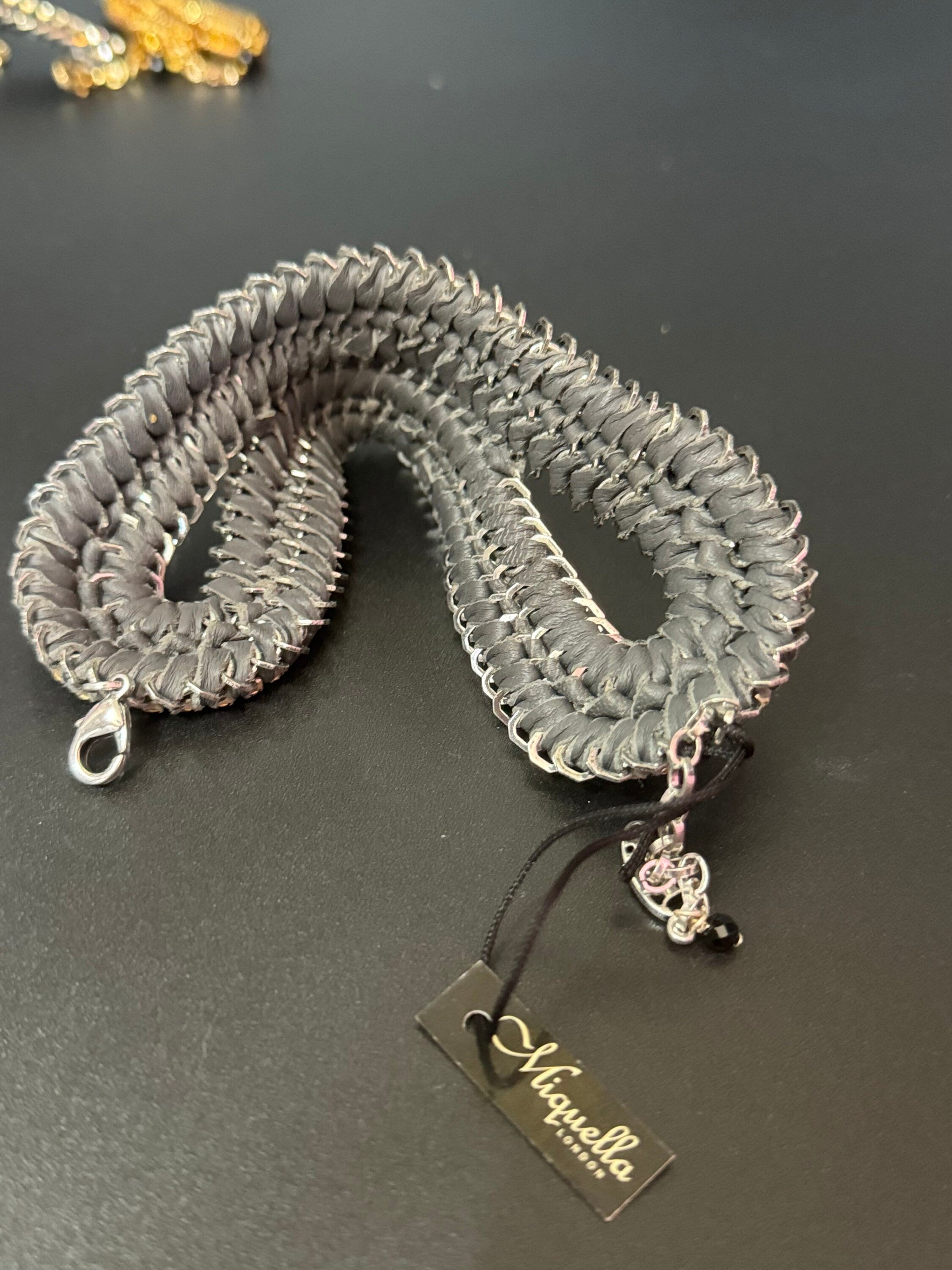 Retro grey & clear Swarovski Crystal diamanté and silk cord wide chunky cocktail bracelet designer
