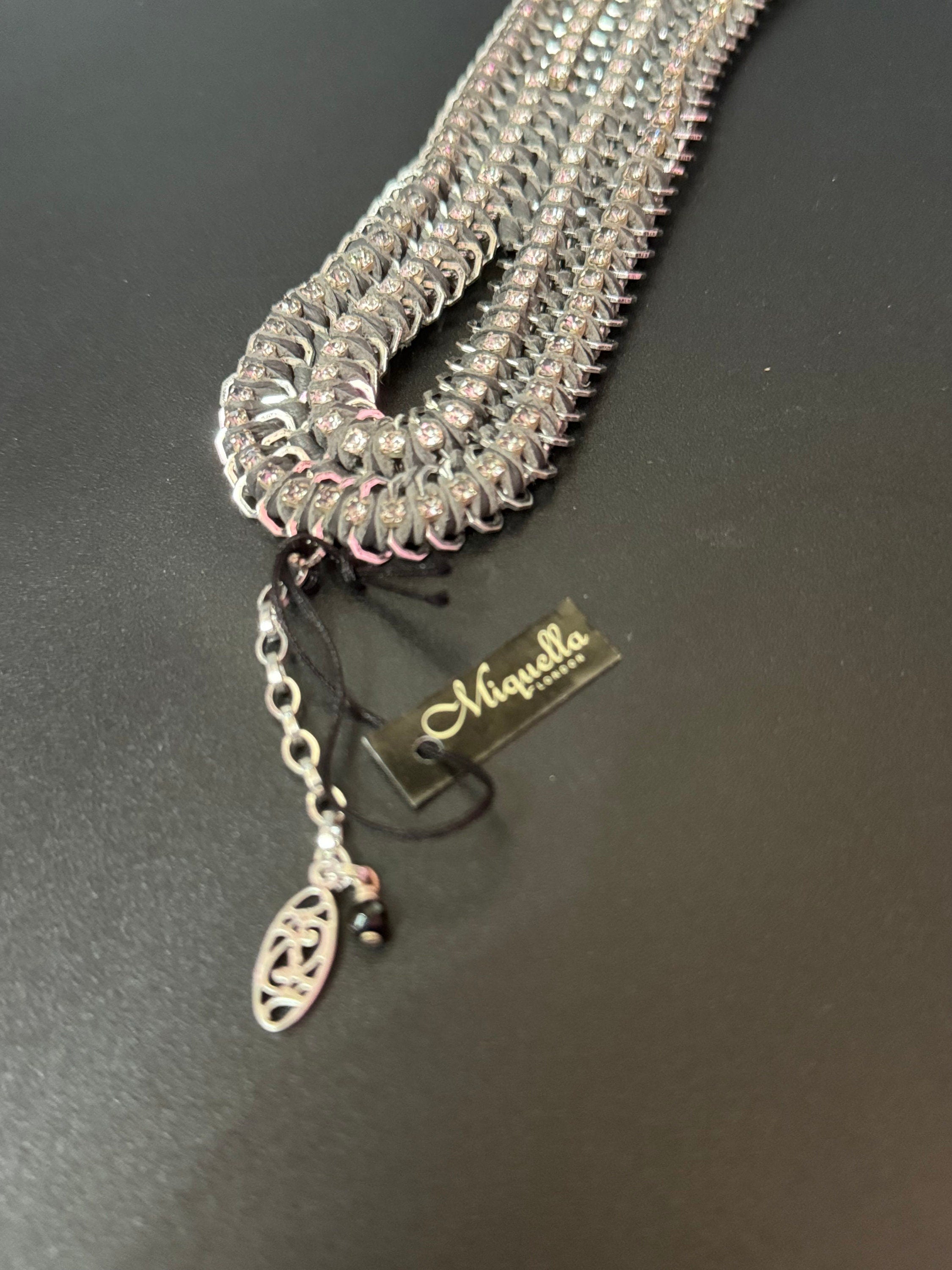 Retro grey & clear Swarovski Crystal diamanté and silk cord wide chunky cocktail bracelet designer