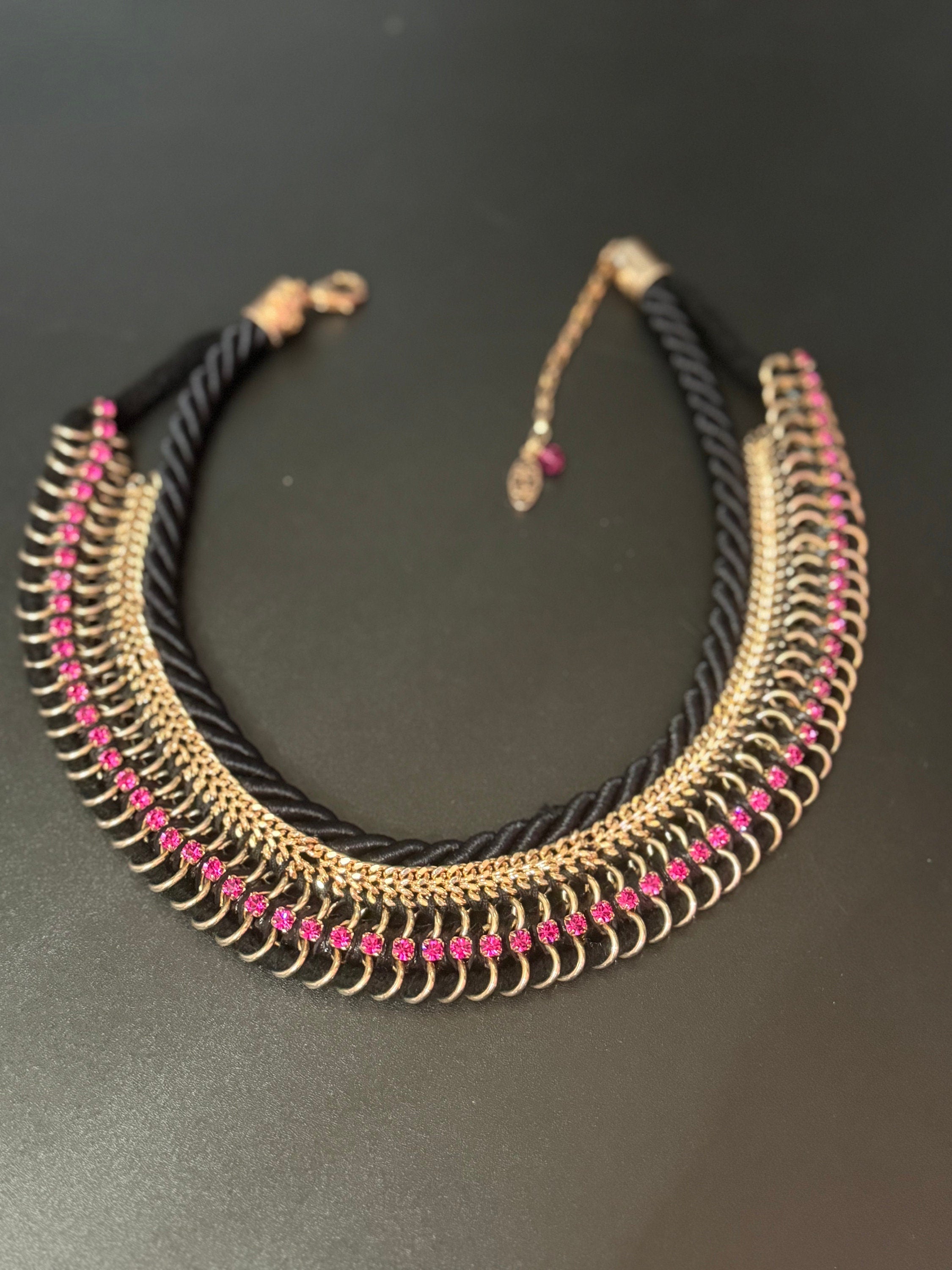 Swarovski Crystal Choker: Retro Pink Diamanté, Black Silk Cord