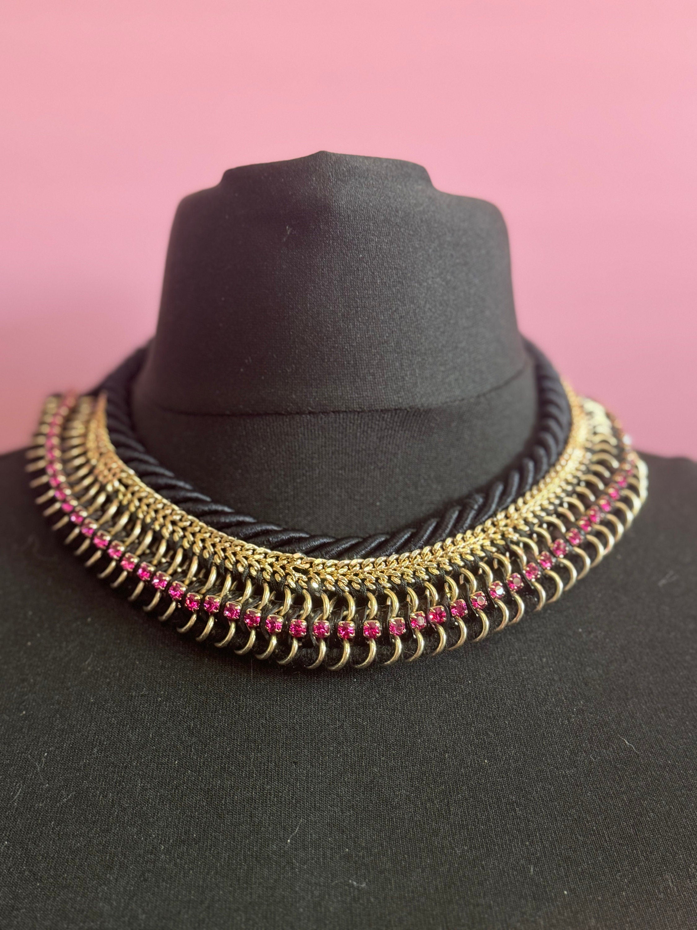 Swarovski Crystal Choker: Retro Pink Diamanté, Black Silk Cord