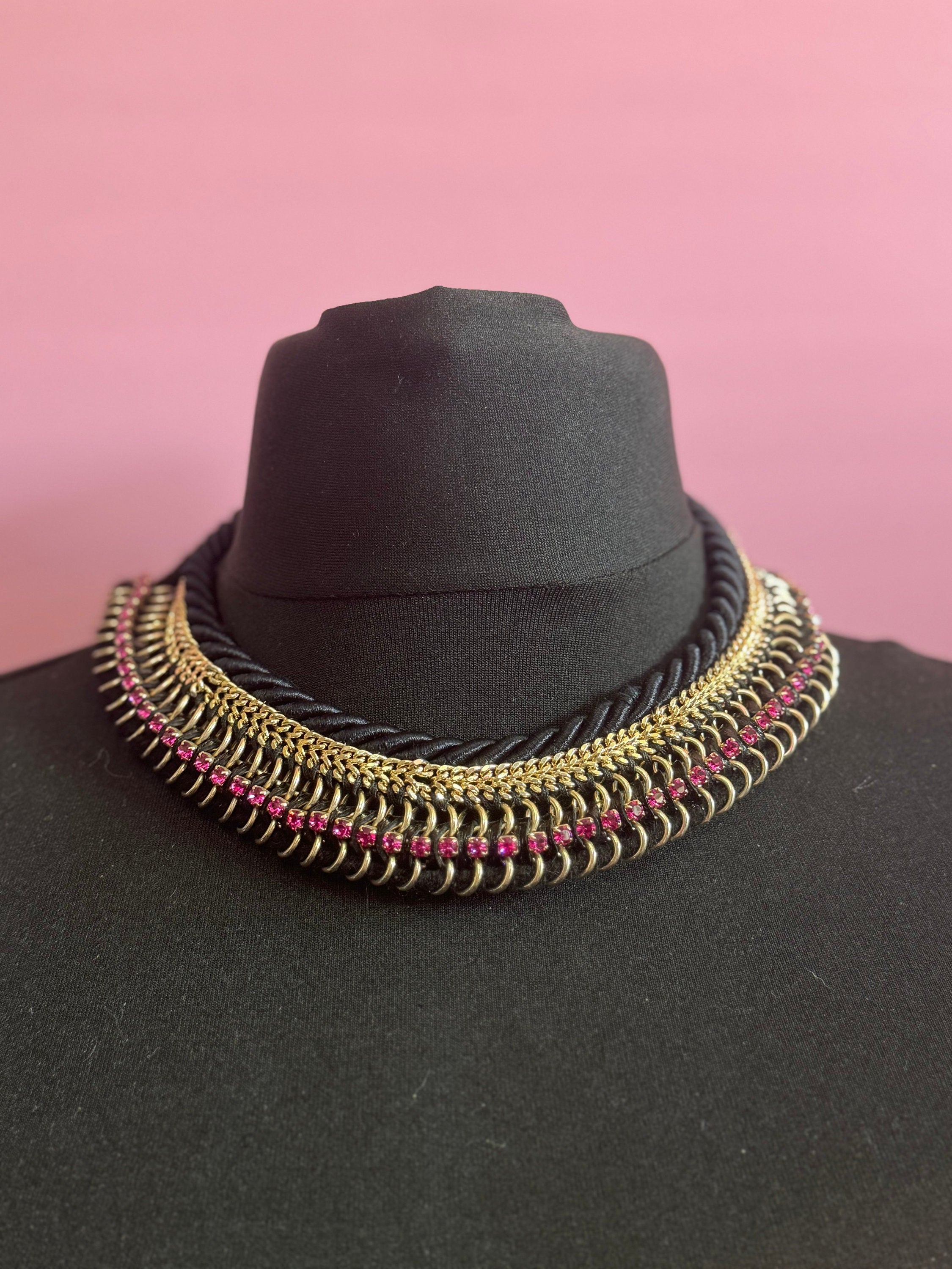 Swarovski Crystal Choker: Retro Pink Diamanté, Black Silk Cord