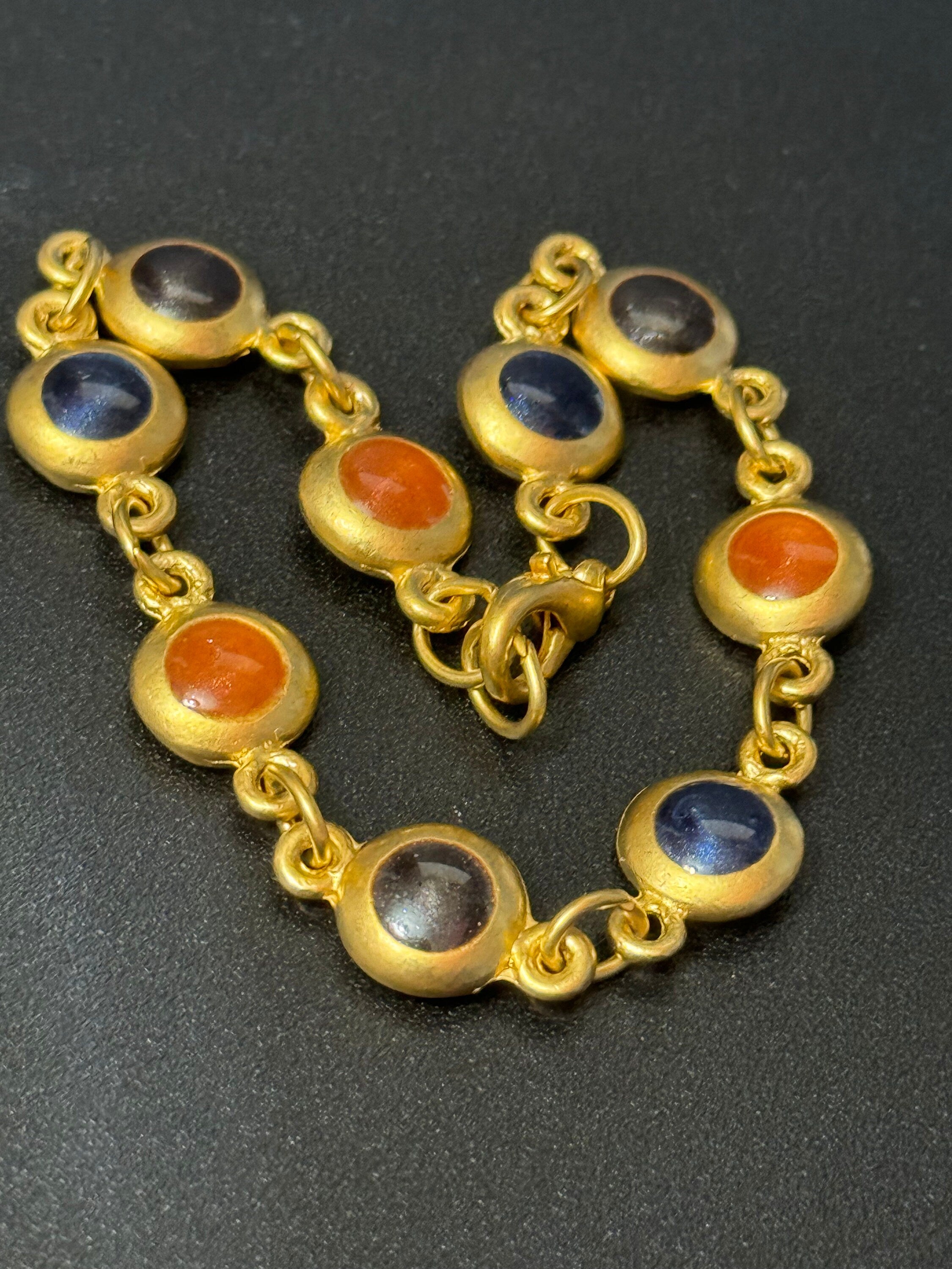 Black and orange chain bracelet 19cm, gold plated