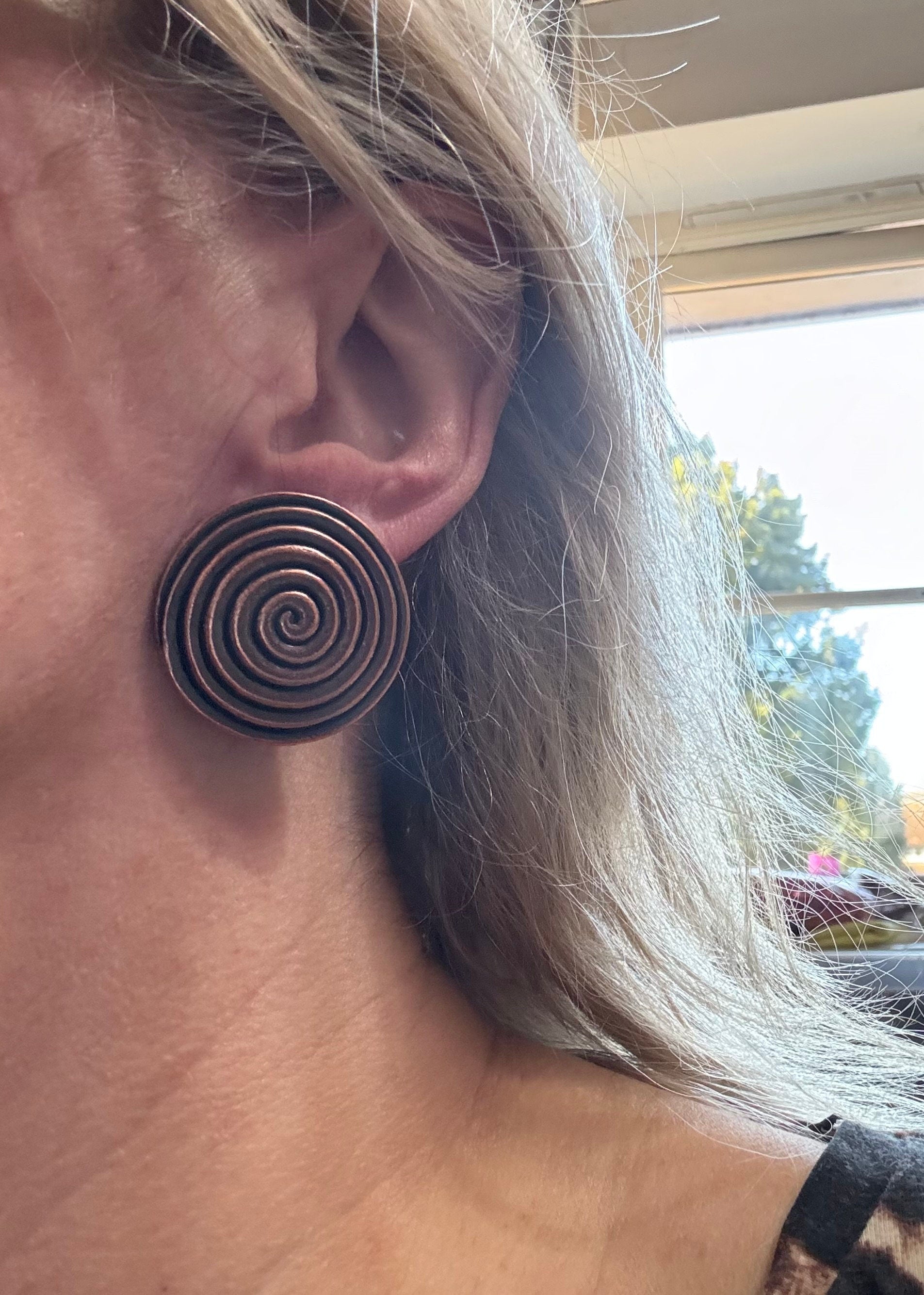 Copper disc clip on earrings, Etruscan 3.5cm round 80s period