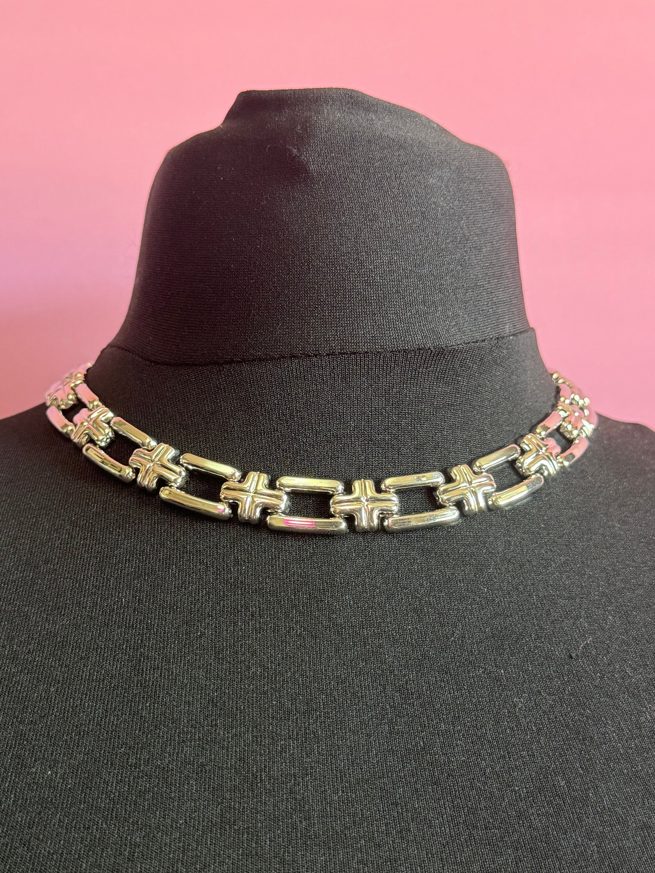 Vintage 1980s silver tone wide choker necklace old shop stock 45 x 1.5cm