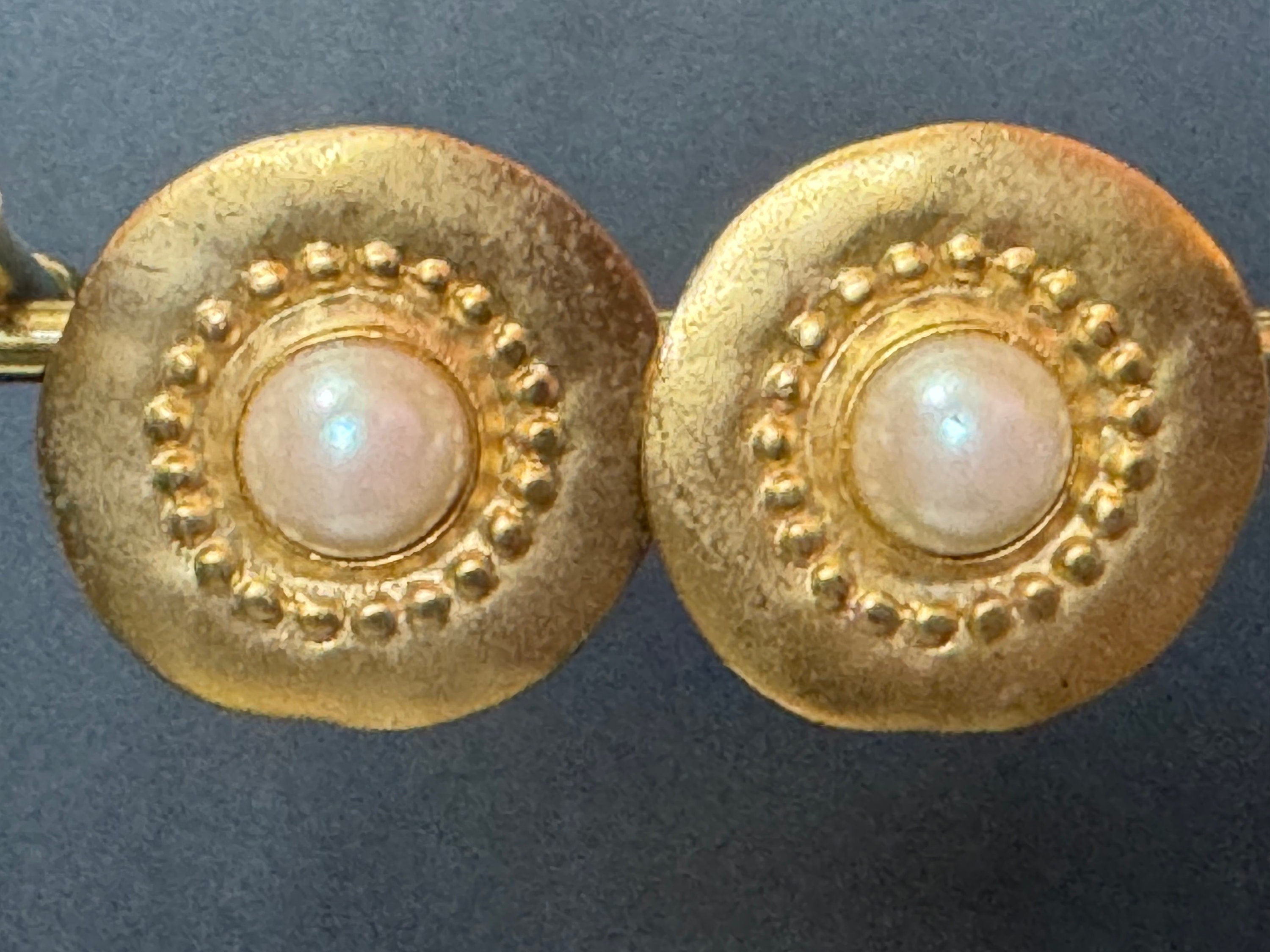 True vintage oversized 4cm Matt Gold tone faux pearl cabochon round Etruscan clip on earrings 1990s