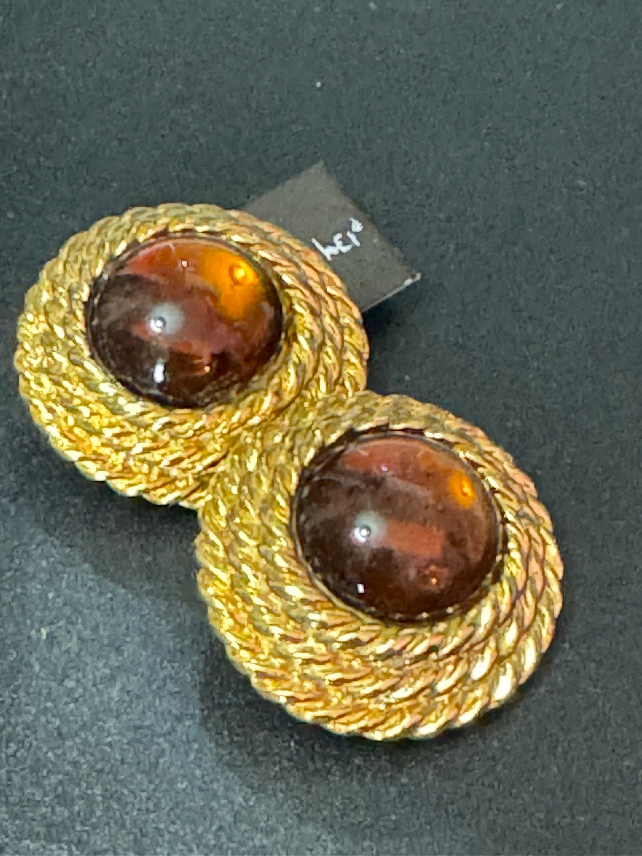 Vintage 1980s Clip On Earrings: Gold Tone Nautical Rope, Cognac Cabochon