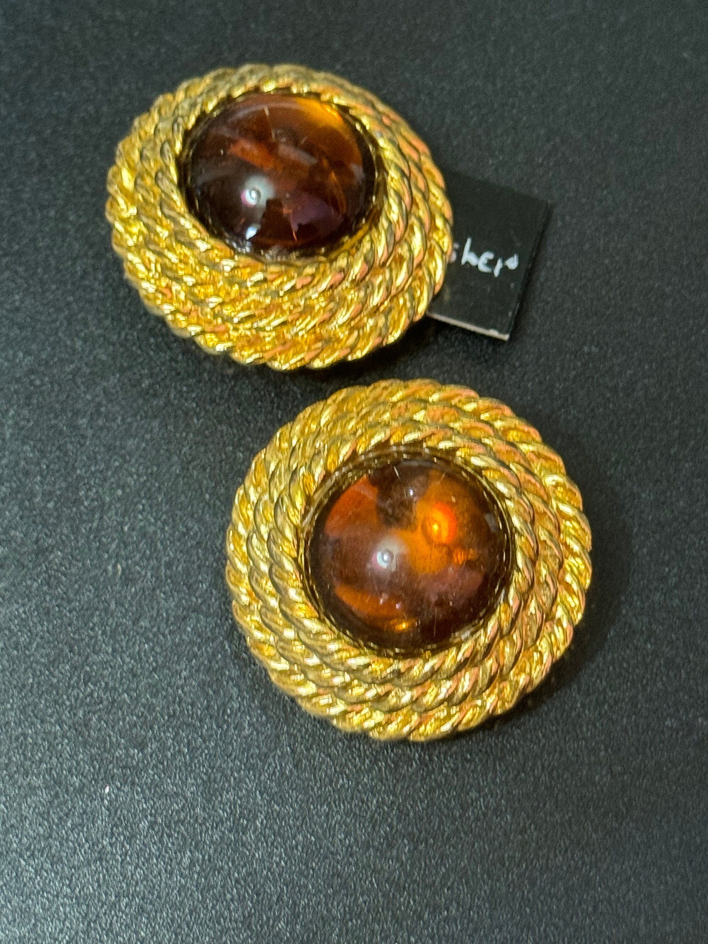 Vintage 1980s Clip On Earrings: Gold Tone Nautical Rope, Cognac Cabochon