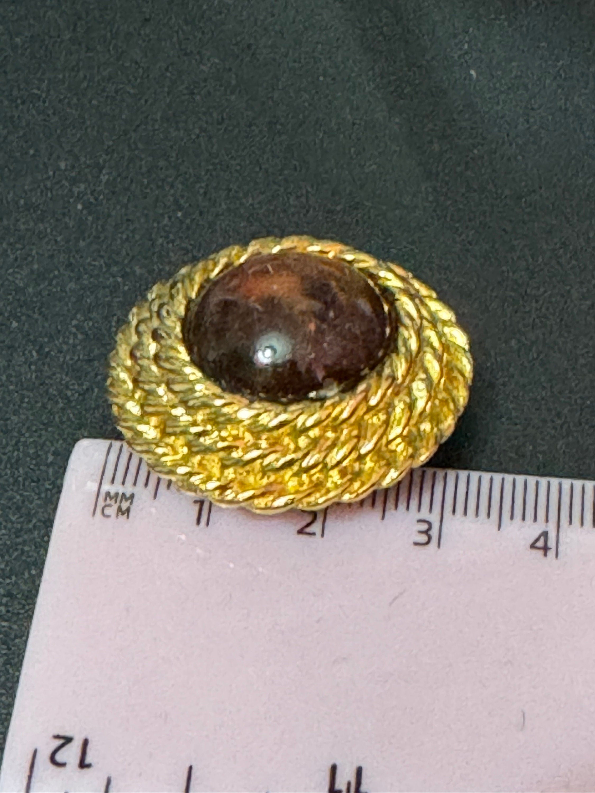 Vintage 1980s Clip On Earrings: Gold Tone Nautical Rope, Cognac Cabochon