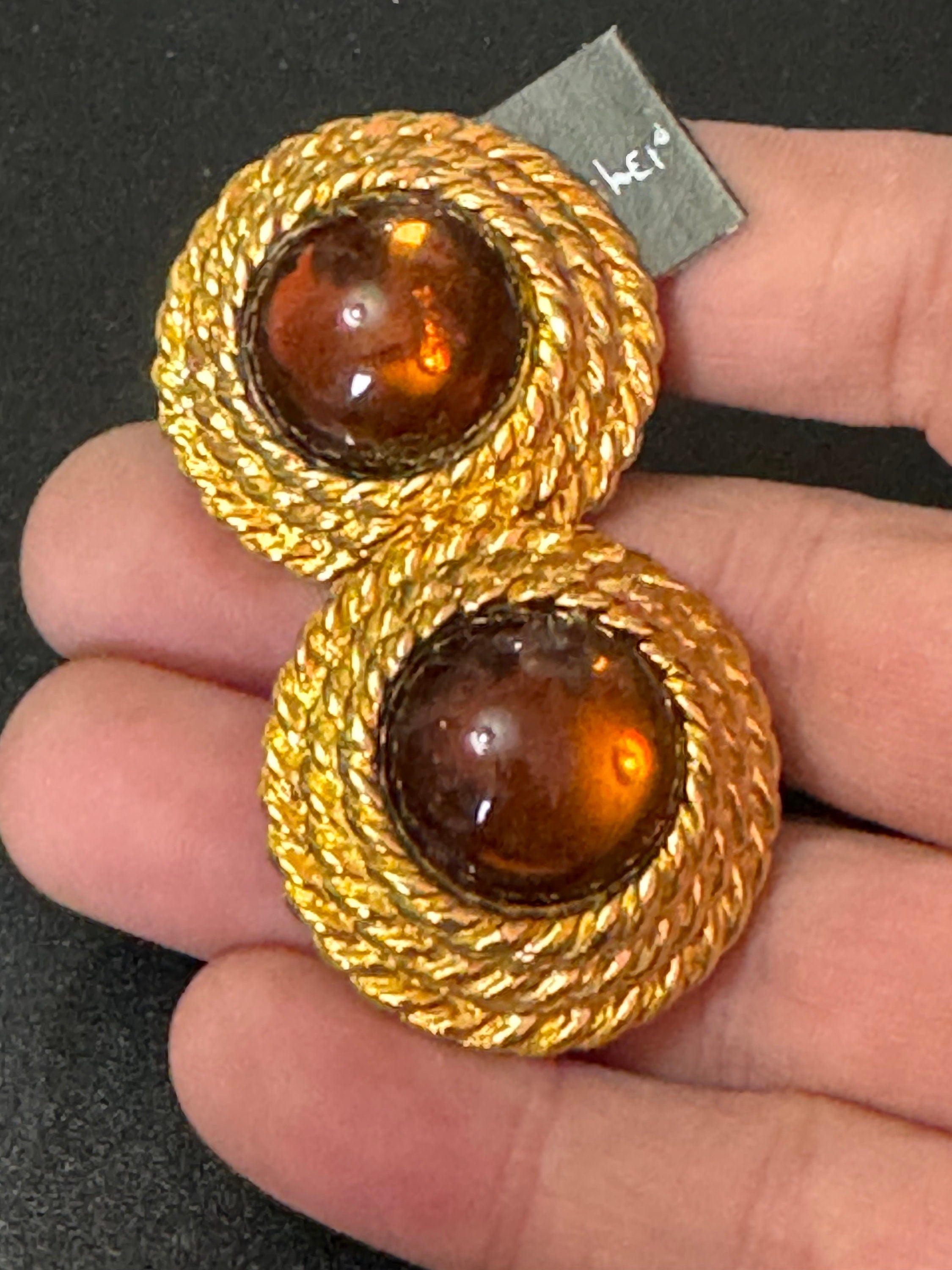 Vintage 1980s Clip On Earrings: Gold Tone Nautical Rope, Cognac Cabochon