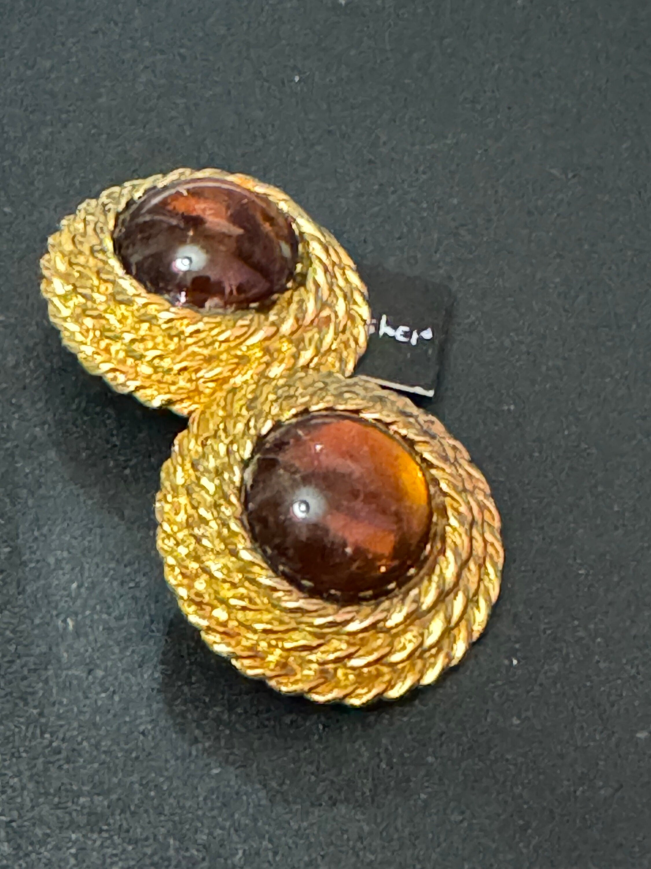 Vintage 1980s Clip On Earrings: Gold Tone Nautical Rope, Cognac Cabochon