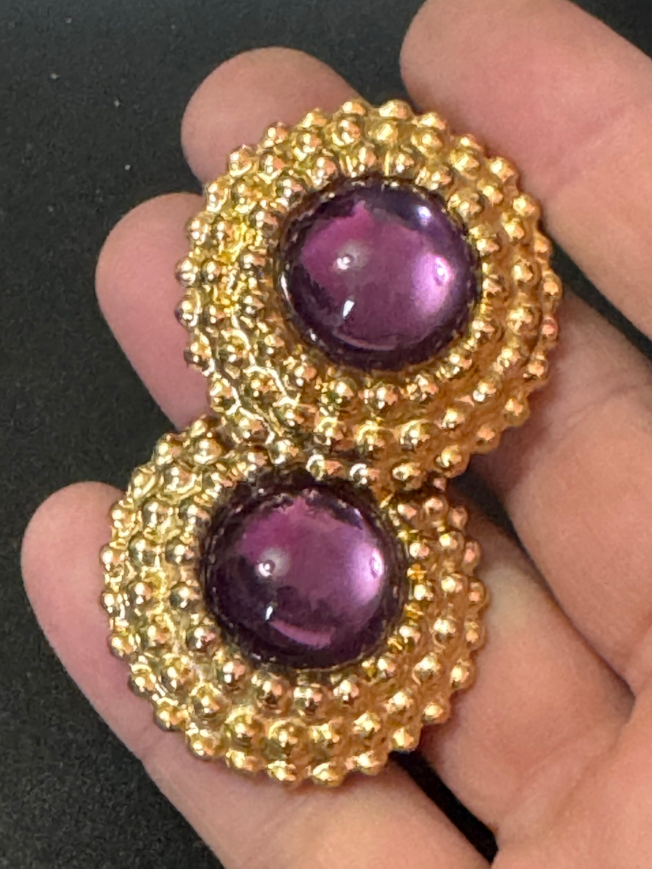 True vintage oversized 3.5cm Gold tone Purple cabochon nautical rope twist round domed clip on earrings 1980s