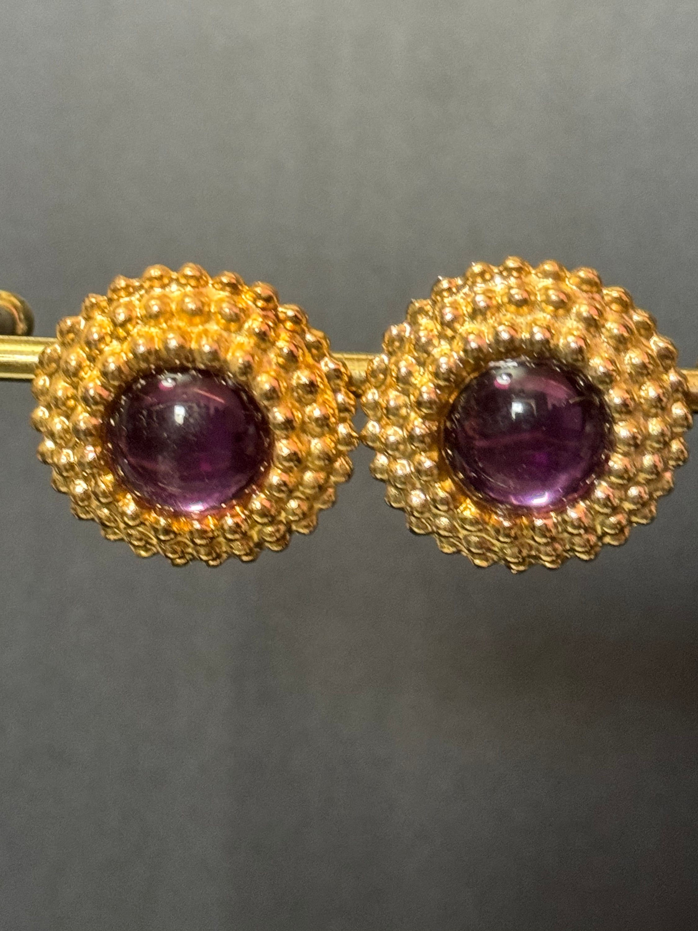 True vintage oversized 3.5cm Gold tone Purple cabochon nautical rope twist round domed clip on earrings 1980s