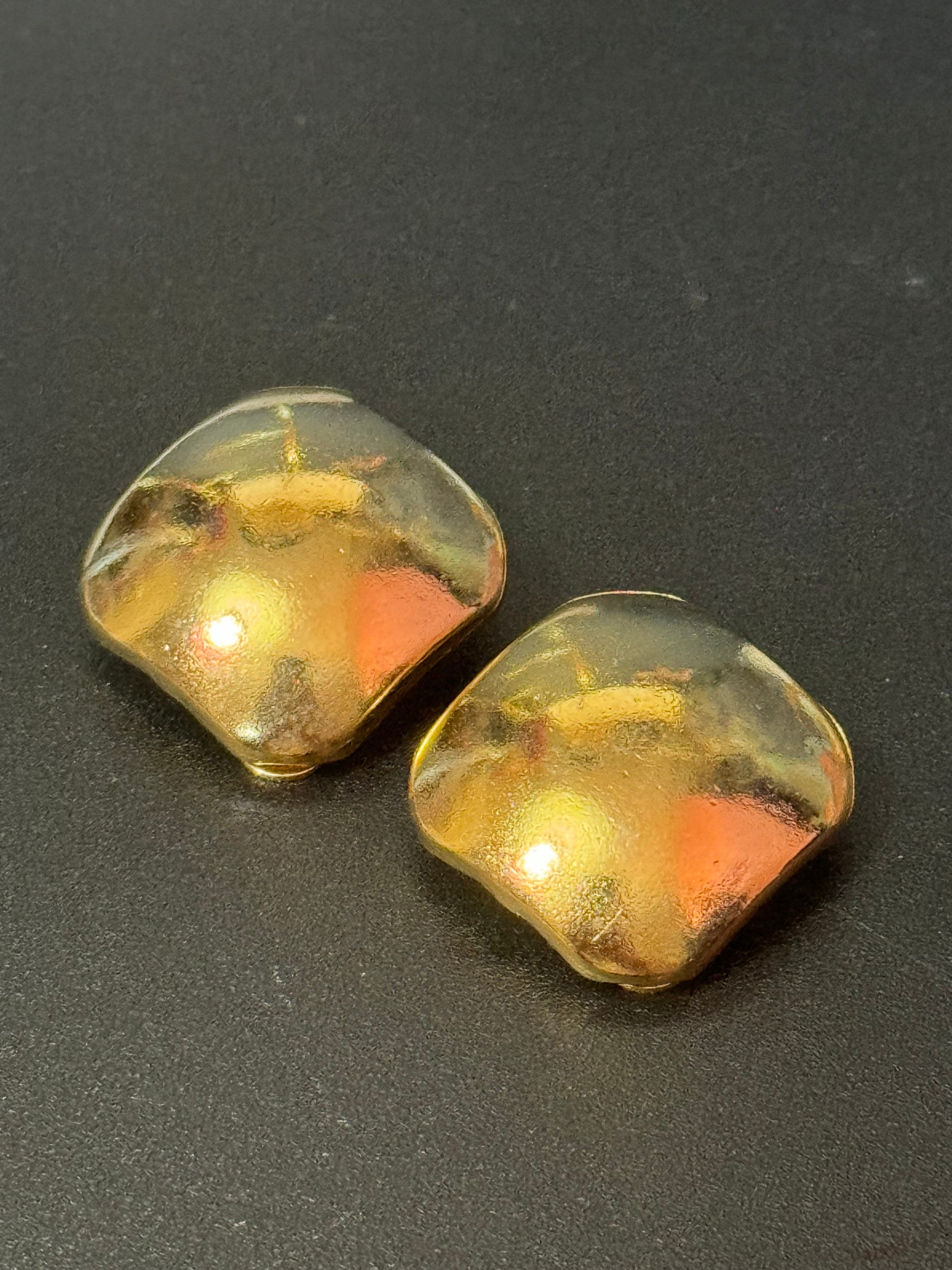 Gold square clip on earrings , True vintage 2.5cm squared