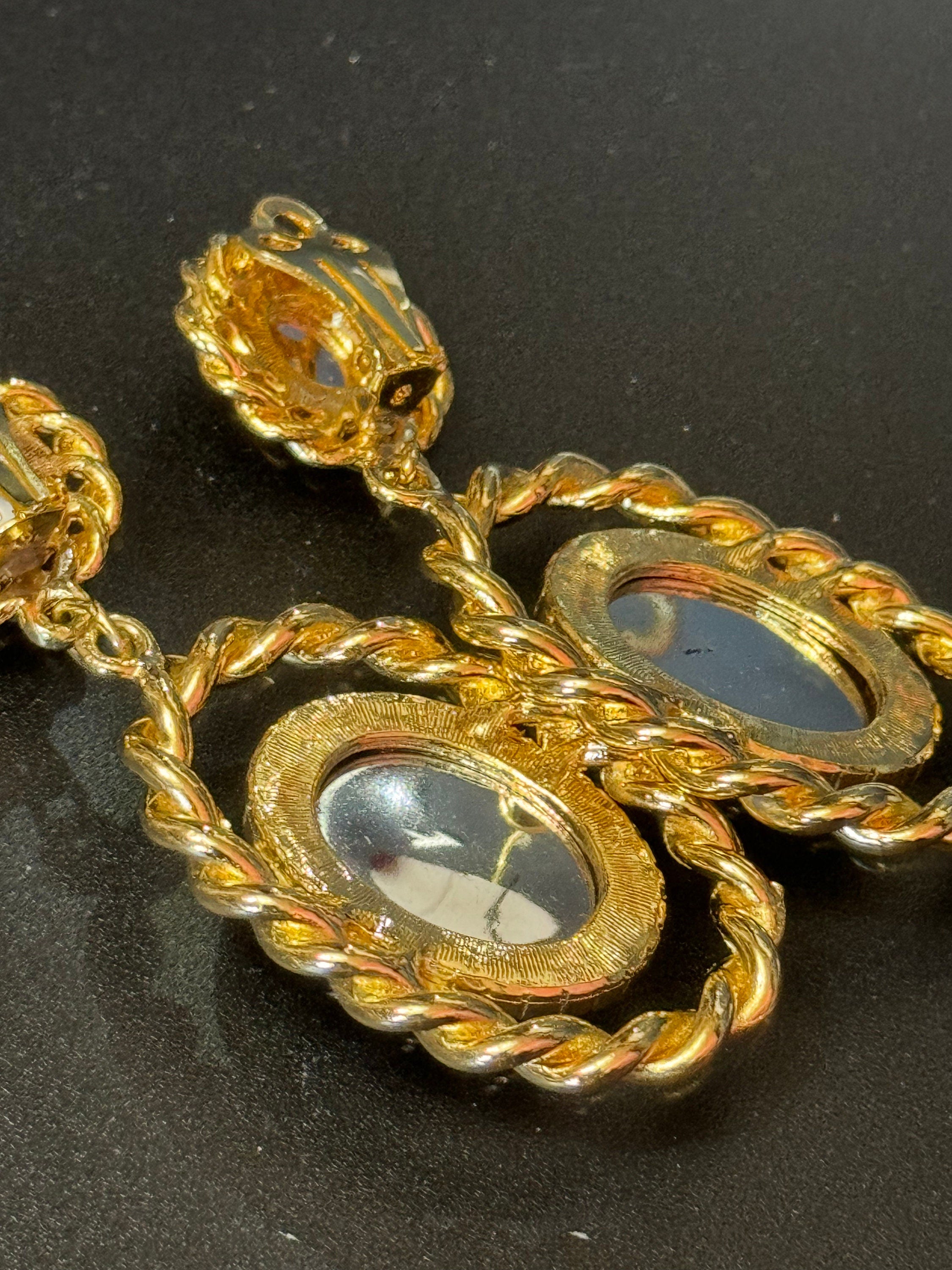Reserved C vintage xl 7cm nautical rope twist bright blue oval cabochon Gold tone dangly drop clip on earrings 1990s Gripoix style