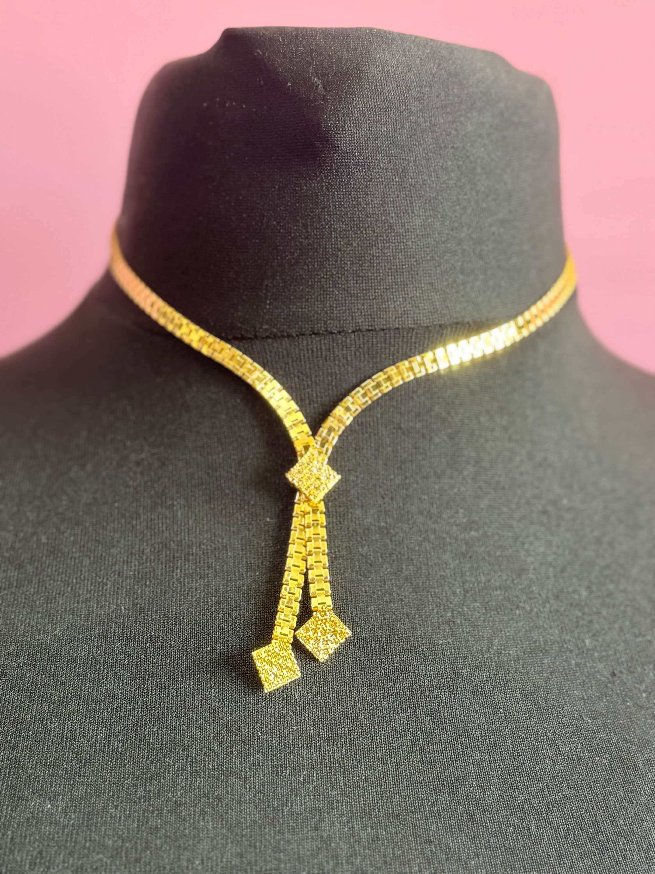 true Vintage pristine 1970s gold Tone fancy link chain lariat crystal negligee drop necklace old shop stock