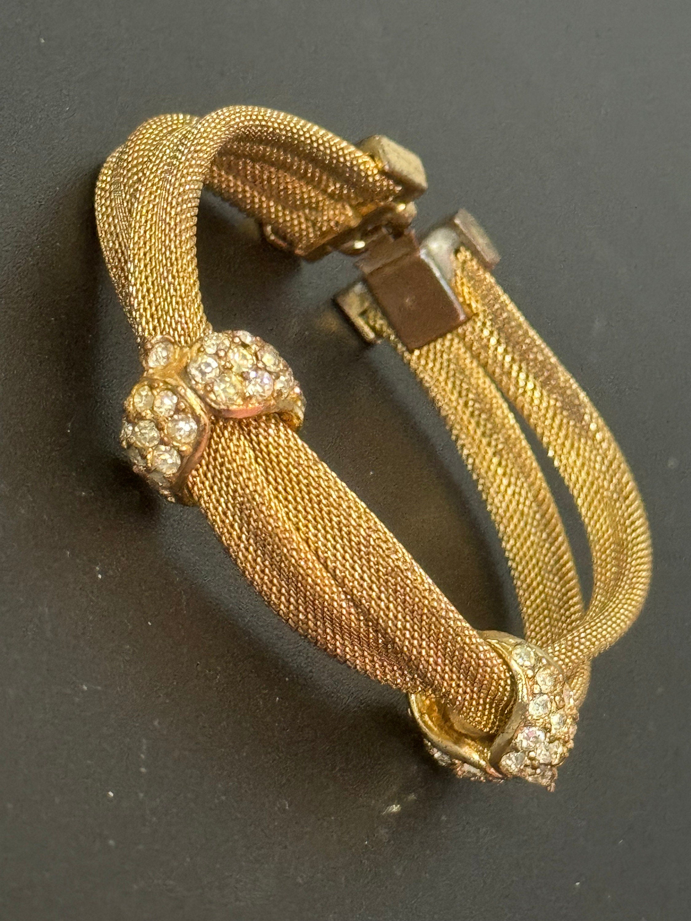 Petite fit Vintage 1960s 1970s gold tone mesh twist bracelet bangle with clear diamanté glass paste stones 17.5cm long