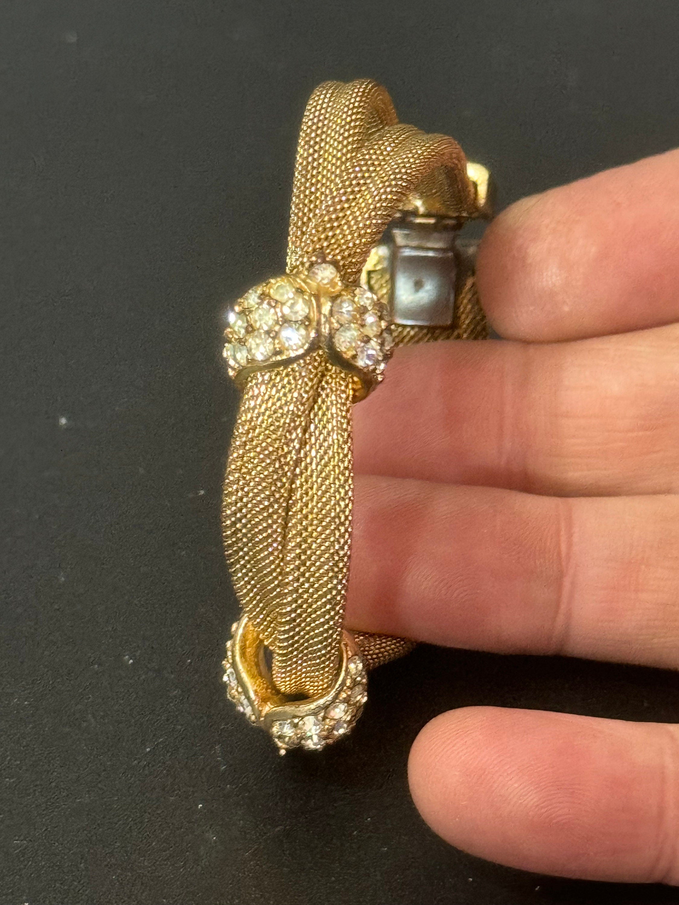 Petite fit Vintage 1960s 1970s gold tone mesh twist bracelet bangle with clear diamanté glass paste stones 17.5cm long