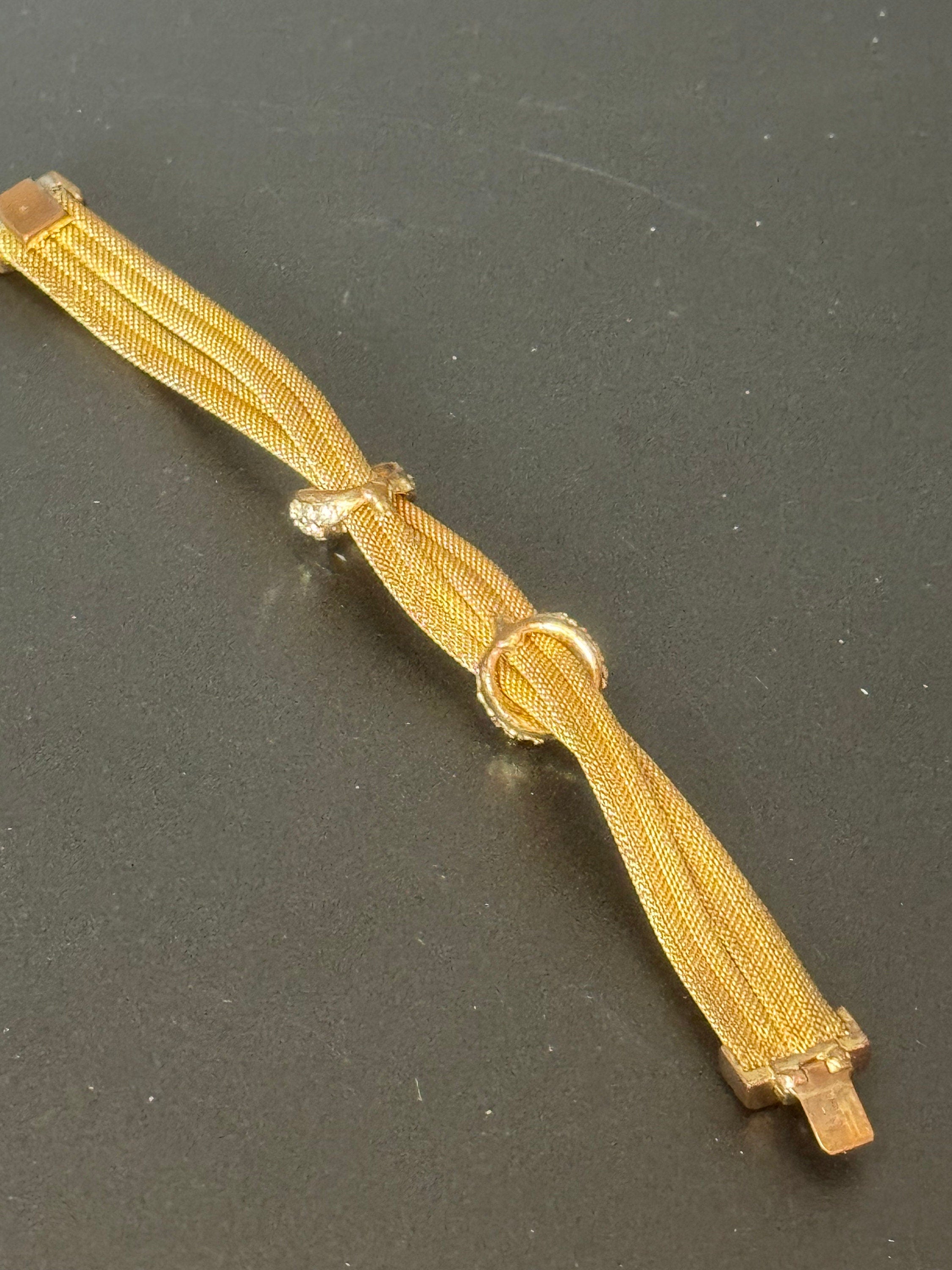 Petite fit Vintage 1960s 1970s gold tone mesh twist bracelet bangle with clear diamanté glass paste stones 17.5cm long