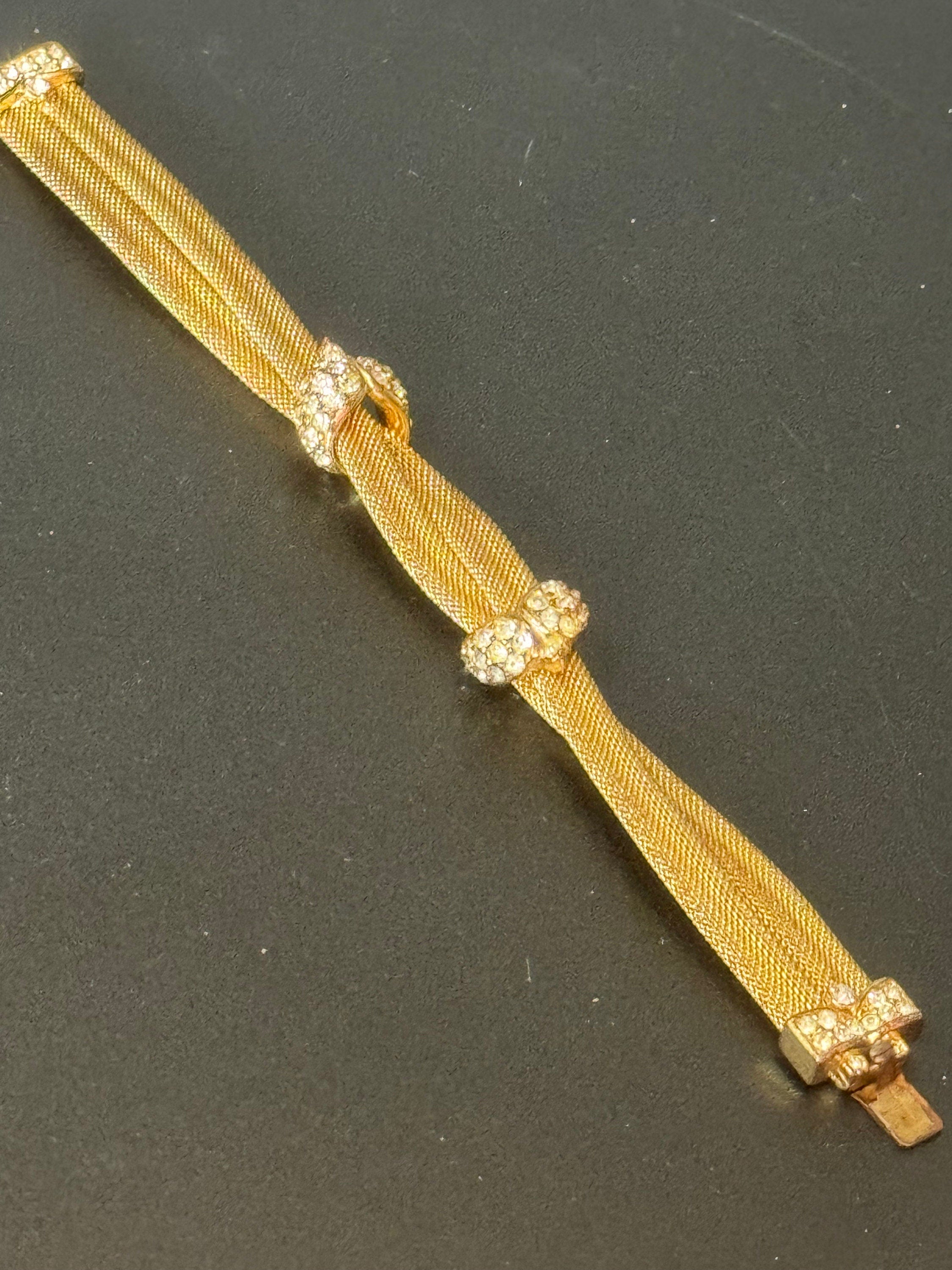 Petite fit Vintage 1960s 1970s gold tone mesh twist bracelet bangle with clear diamanté glass paste stones 17.5cm long