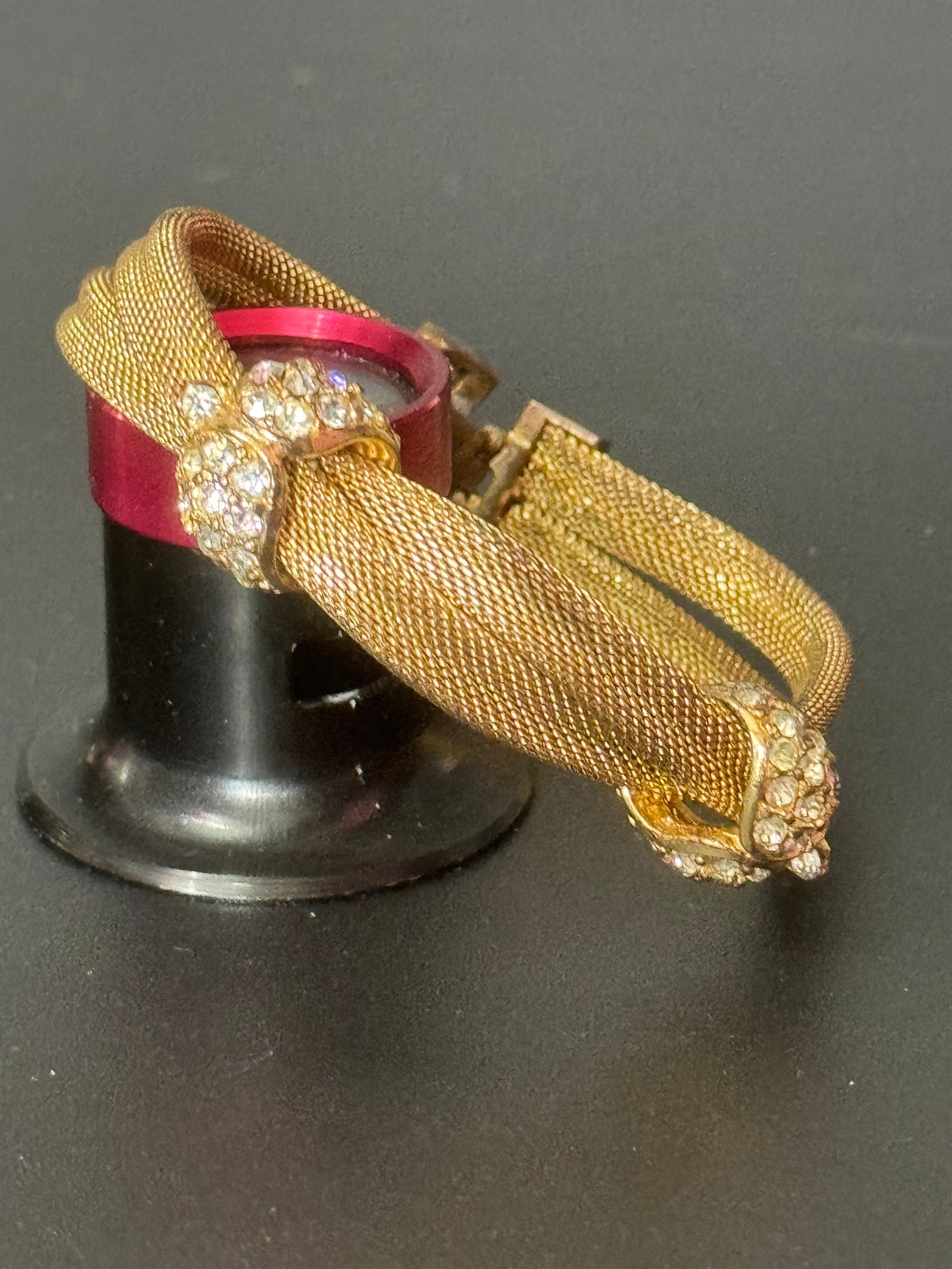 Petite fit Vintage 1960s 1970s gold tone mesh twist bracelet bangle with clear diamanté glass paste stones 17.5cm long