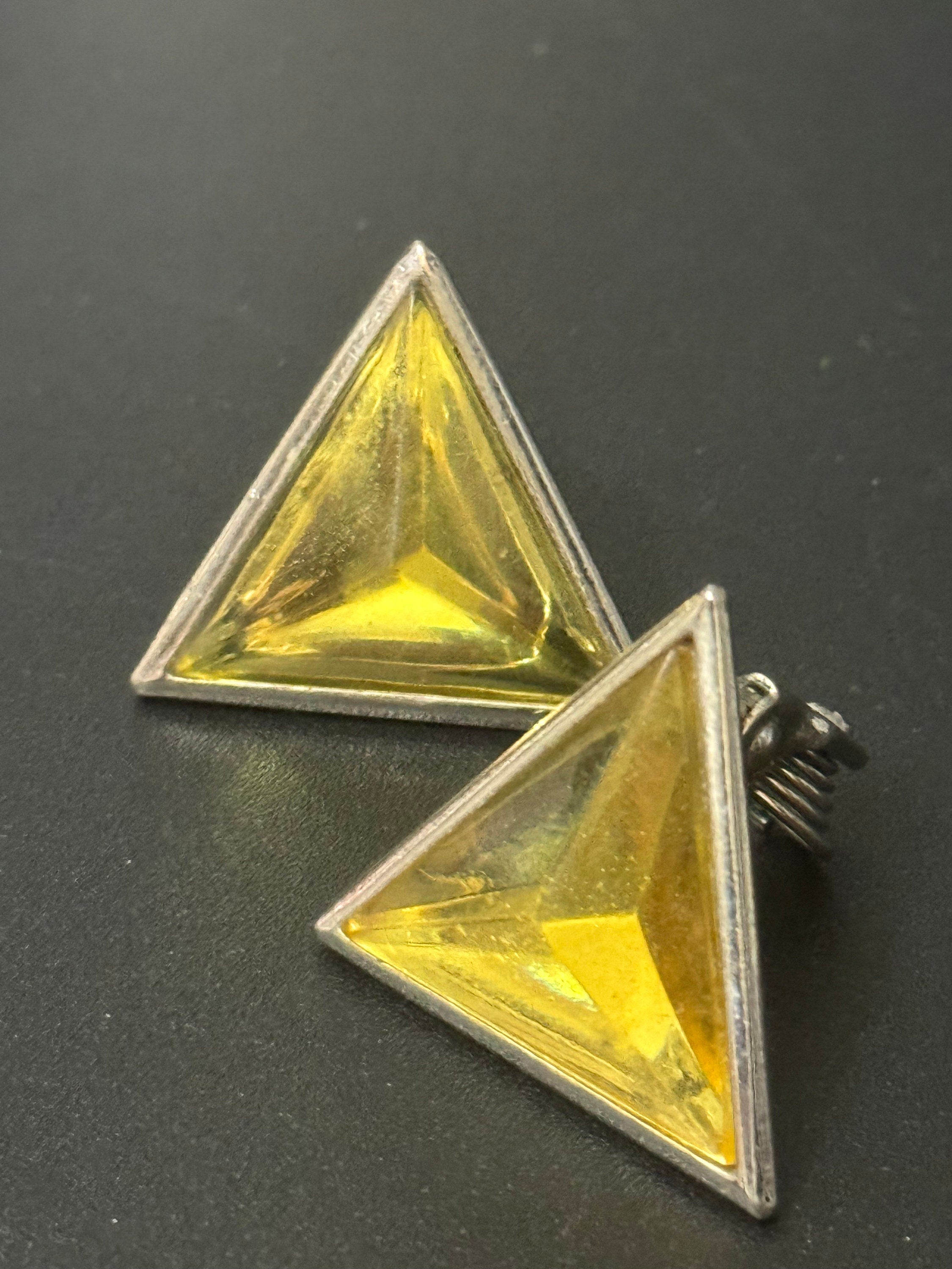 Vintage YSL Yves Saint Laurent 3cm silver tone triangle clip on earrings with yellow cabochons