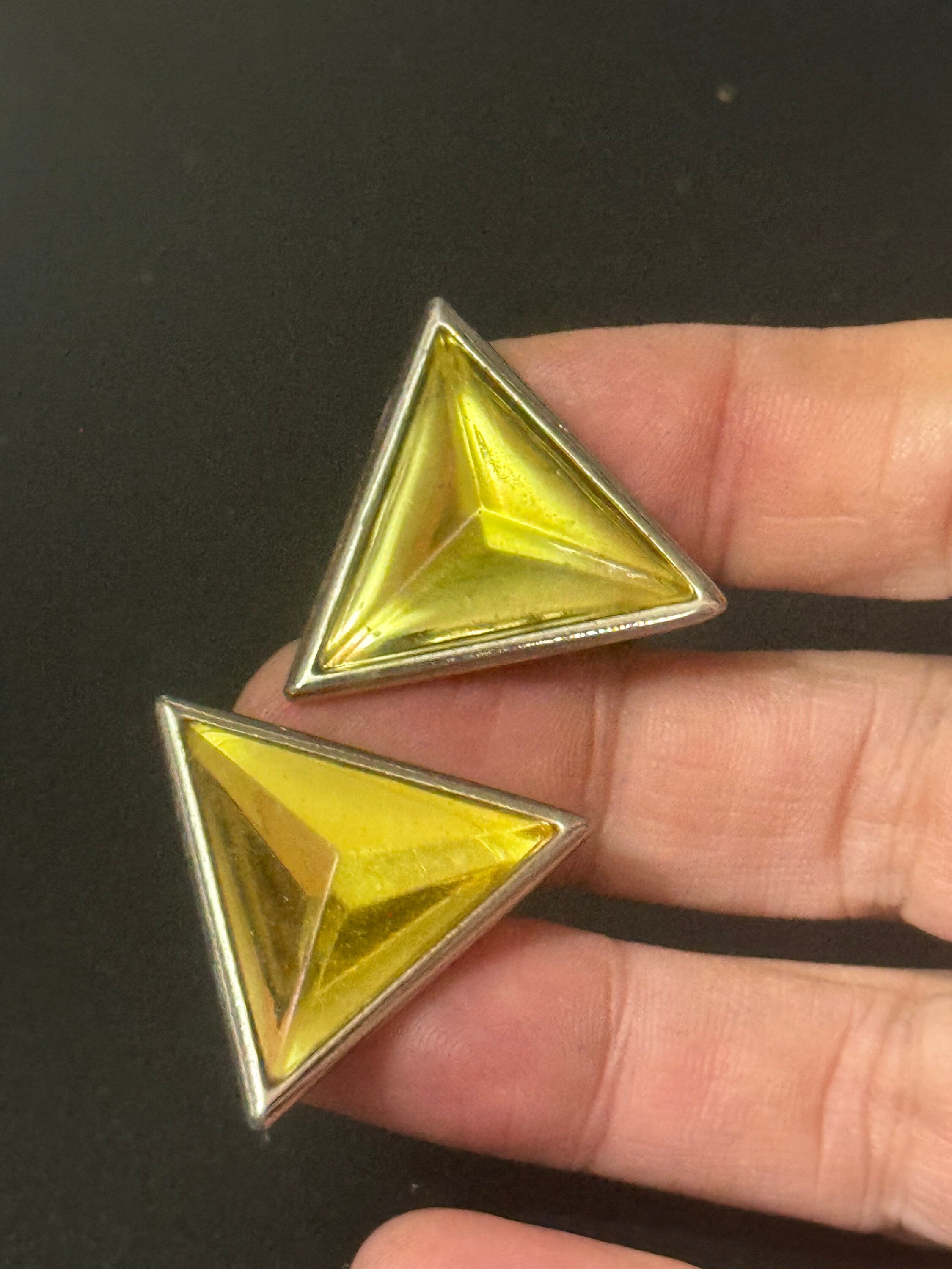 Vintage YSL Yves Saint Laurent 3cm silver tone triangle clip on earrings with yellow cabochons