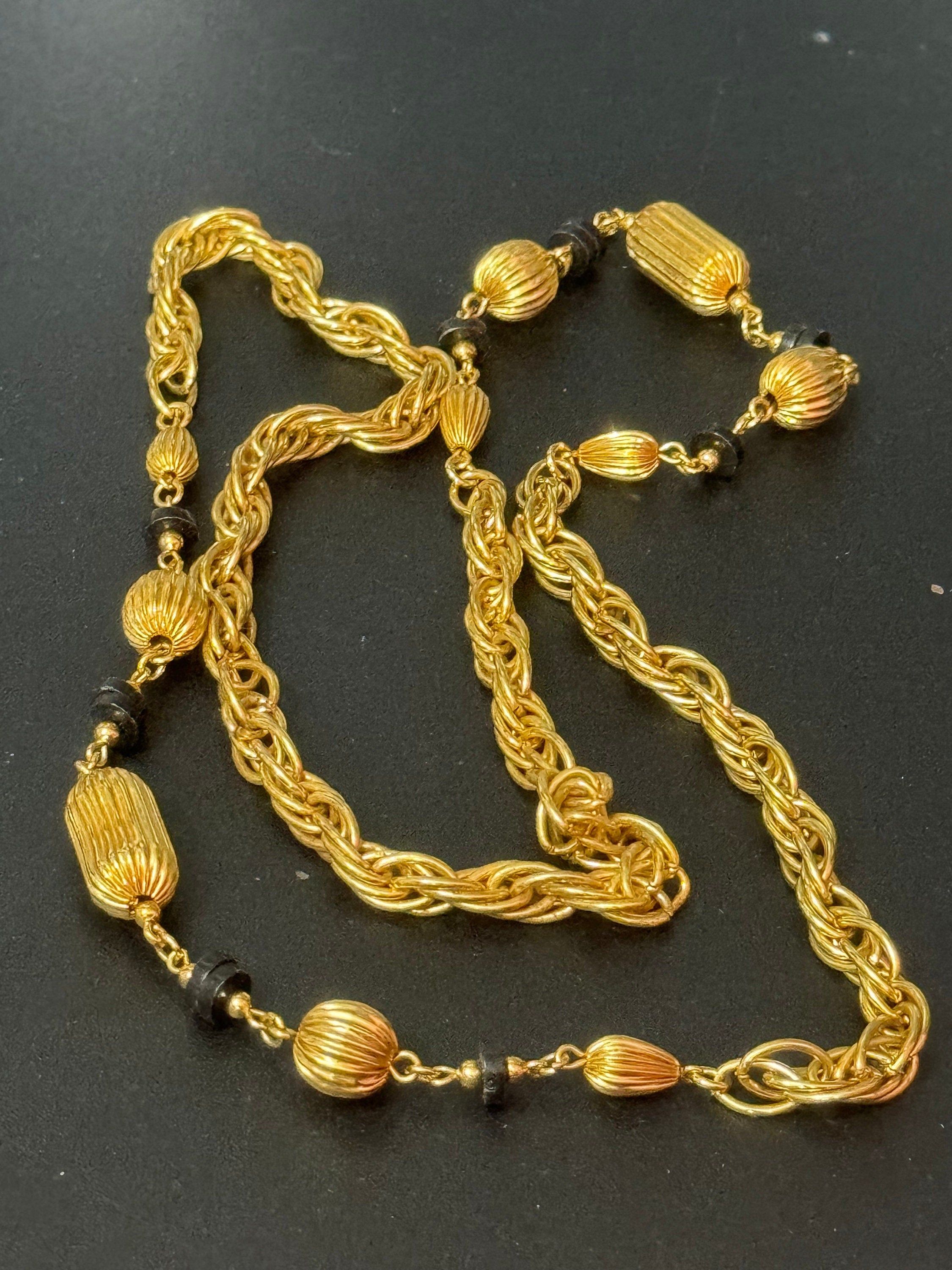 Vintage black beaded station necklace long gold tone rope chain 76cm