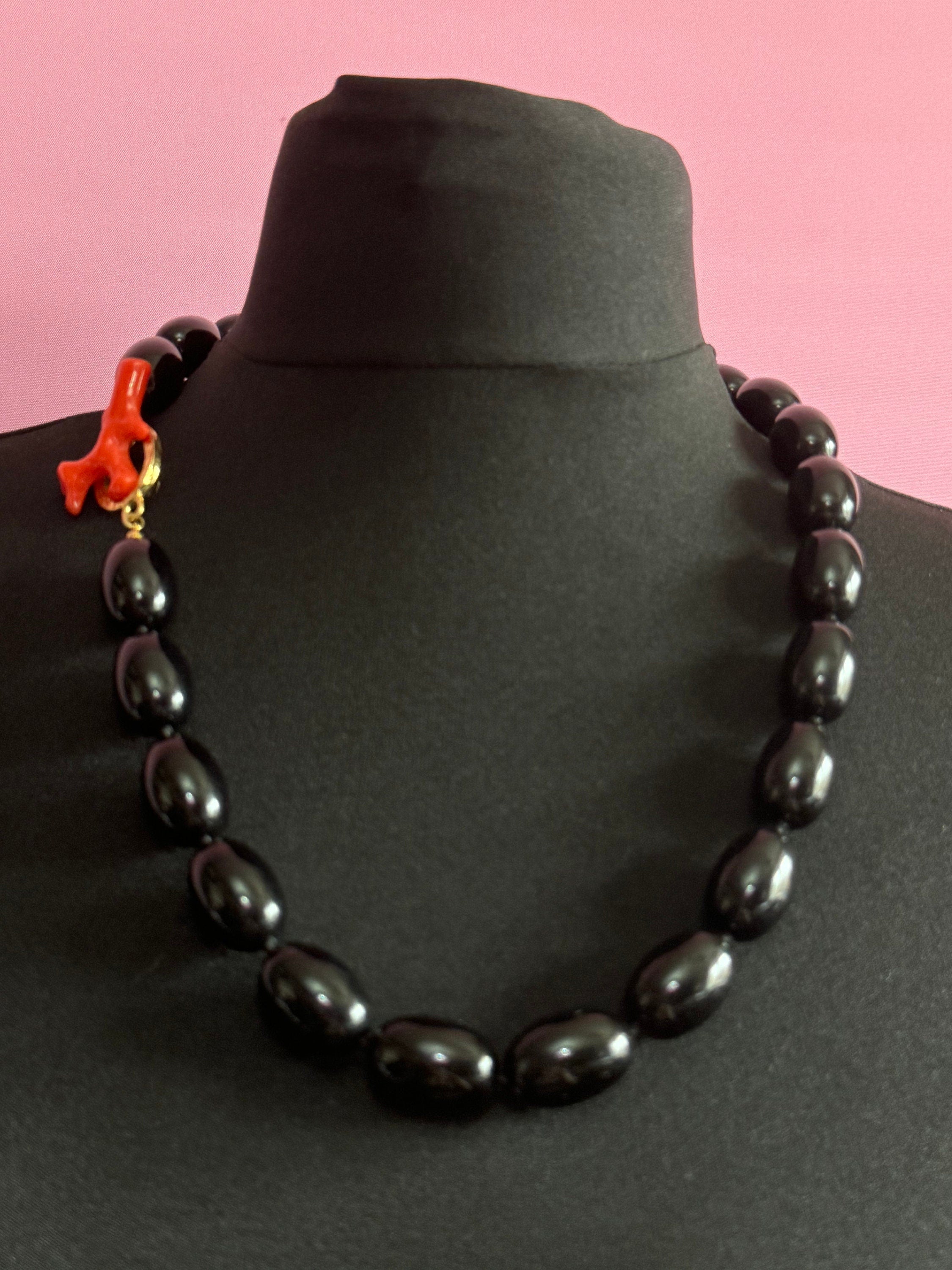 Signed KJL faux coral and black plastic beaded chunky long necklace Kenneth jay lane