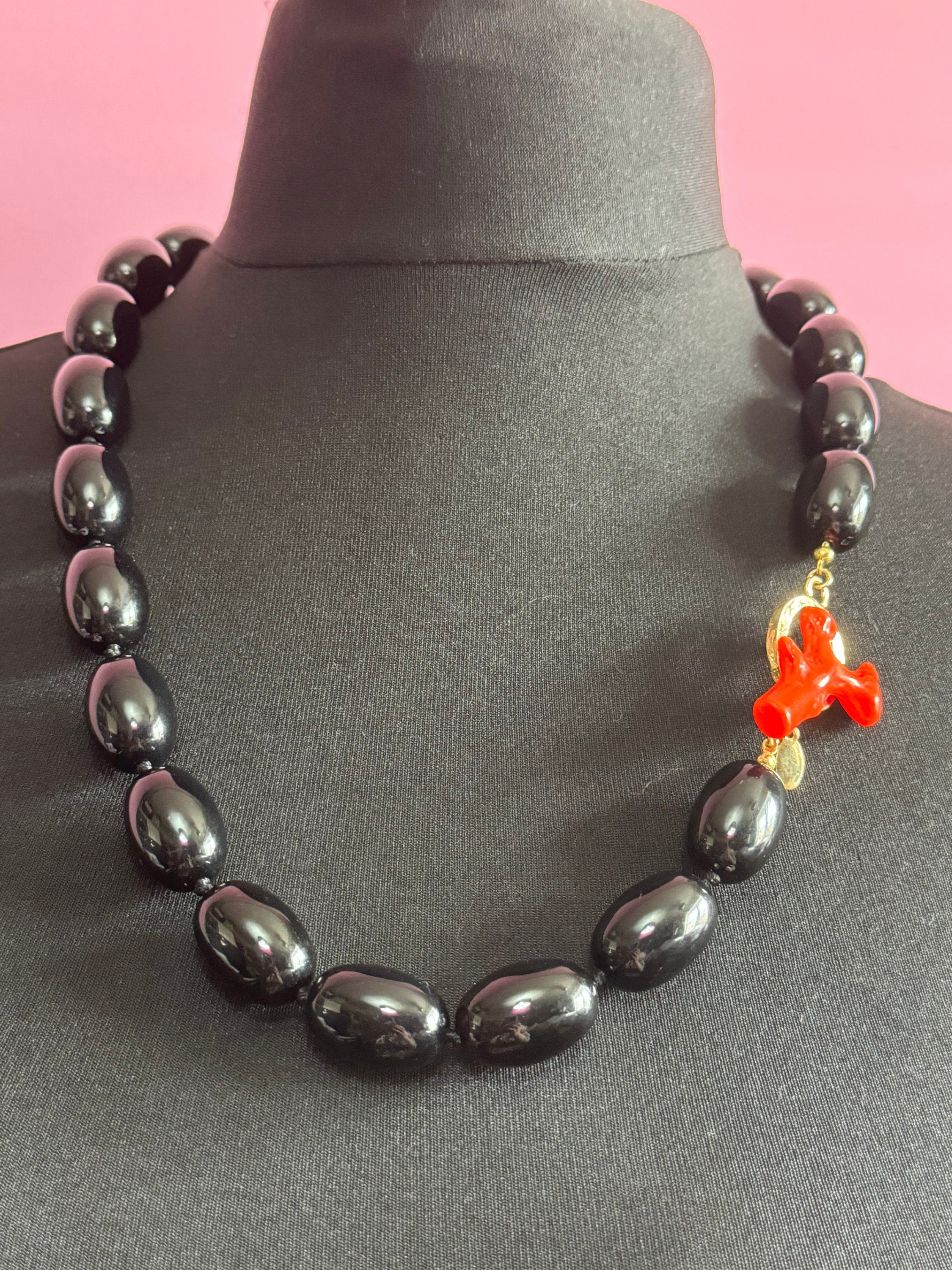 Signed KJL faux coral and black plastic beaded chunky long necklace Kenneth jay lane