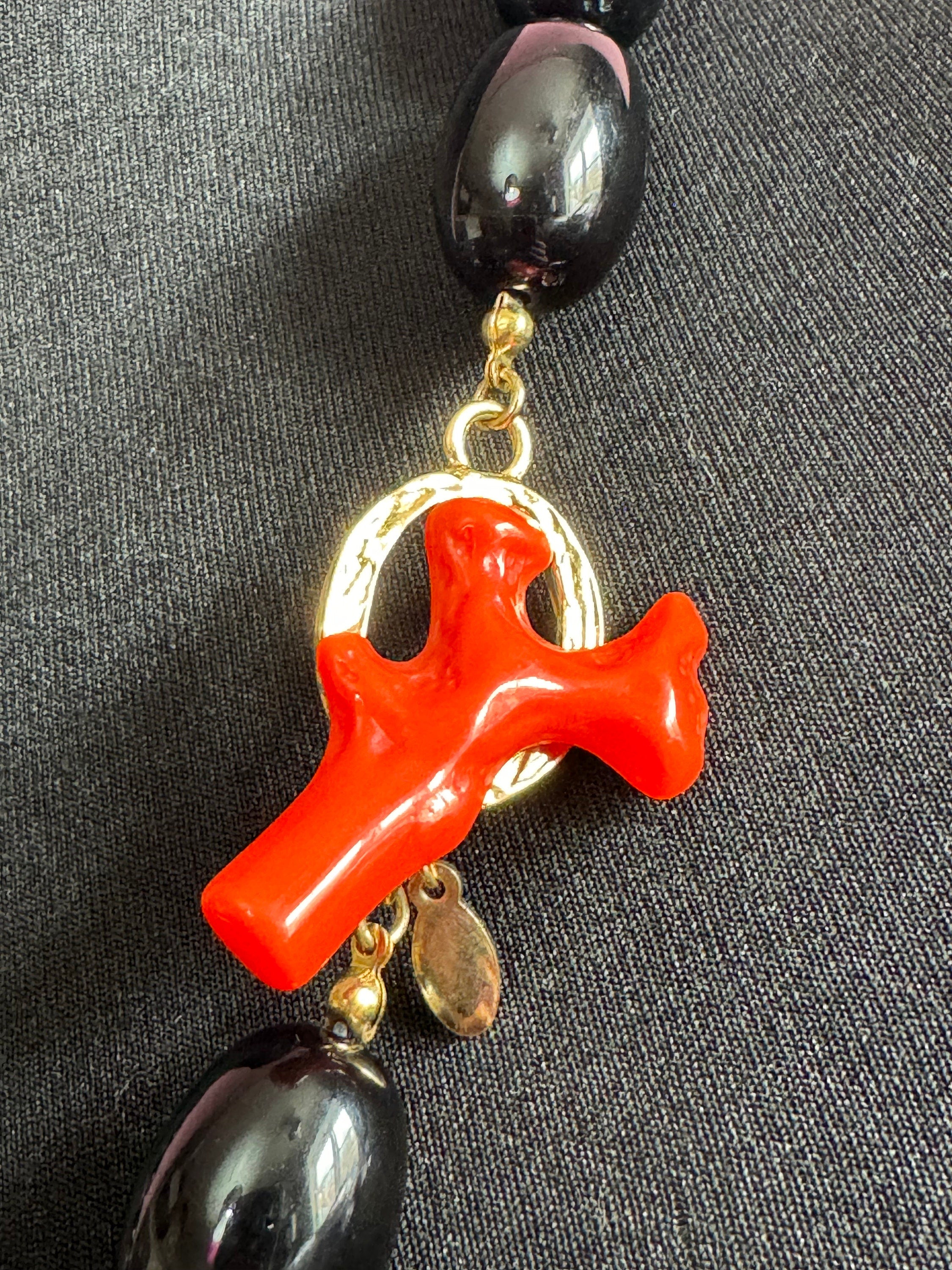 Signed KJL faux coral and black plastic beaded chunky long necklace Kenneth jay lane