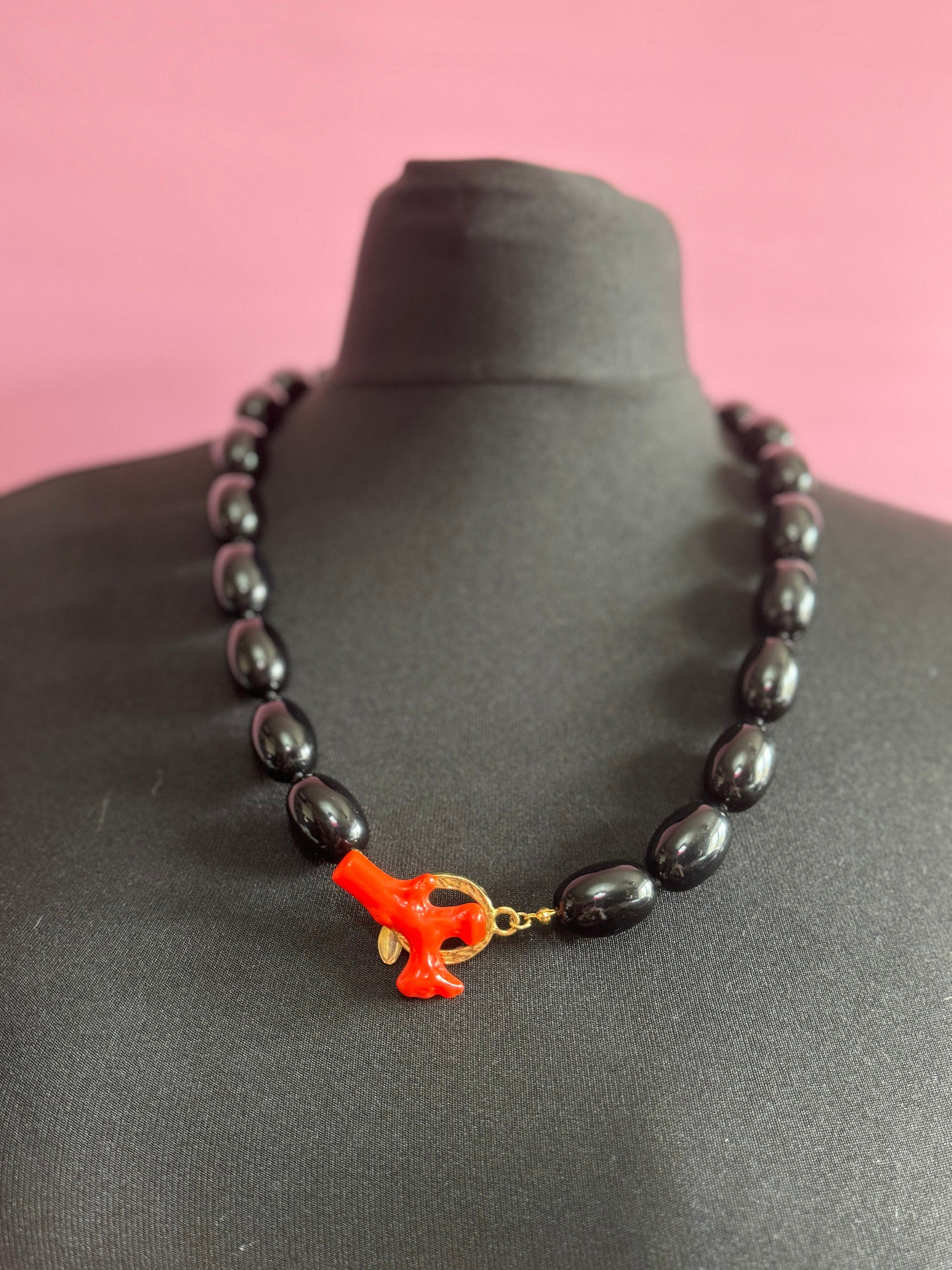 Signed KJL faux coral and black plastic beaded chunky long necklace Kenneth jay lane