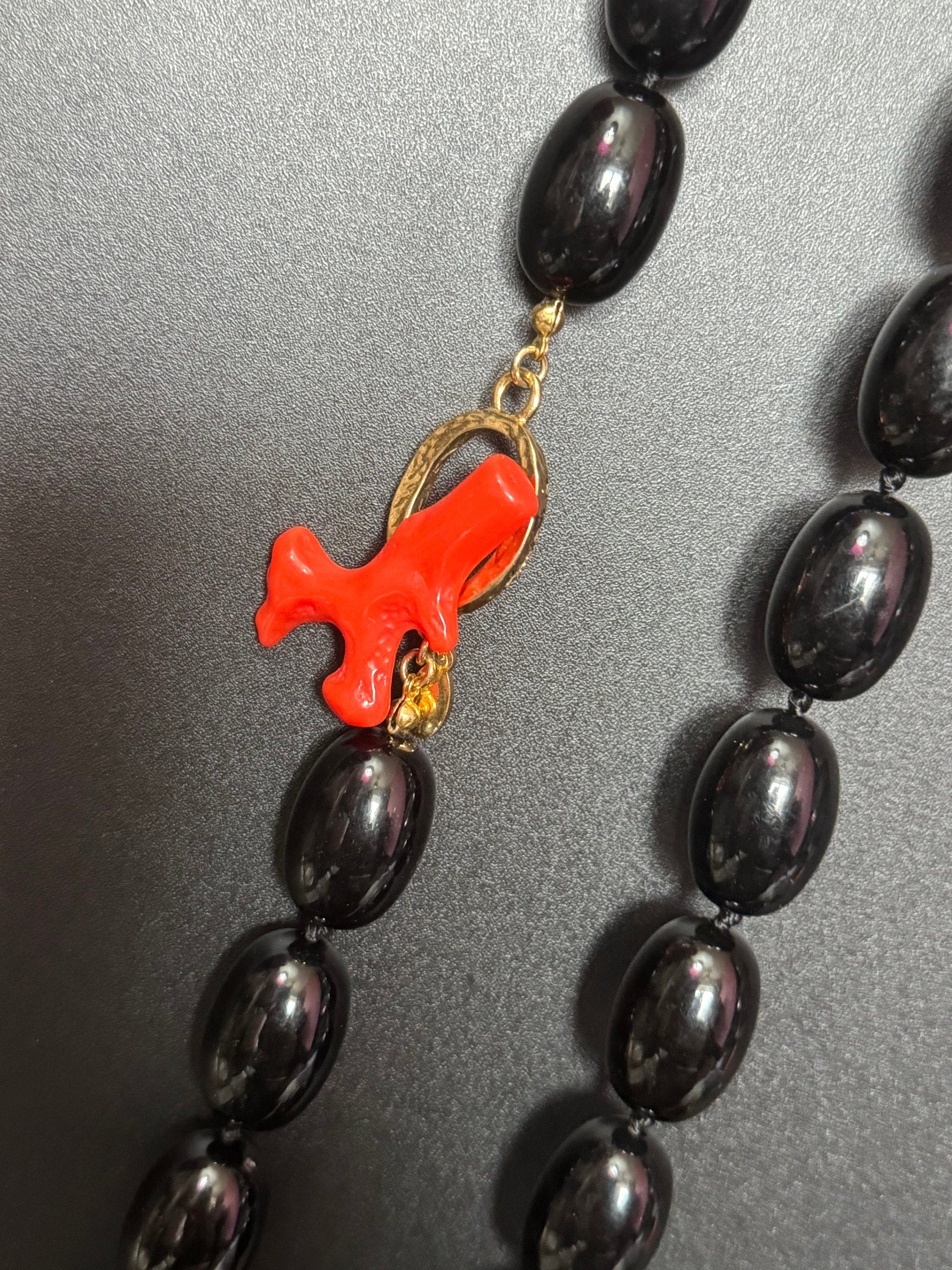 Signed KJL faux coral and black plastic beaded chunky long necklace Kenneth jay lane