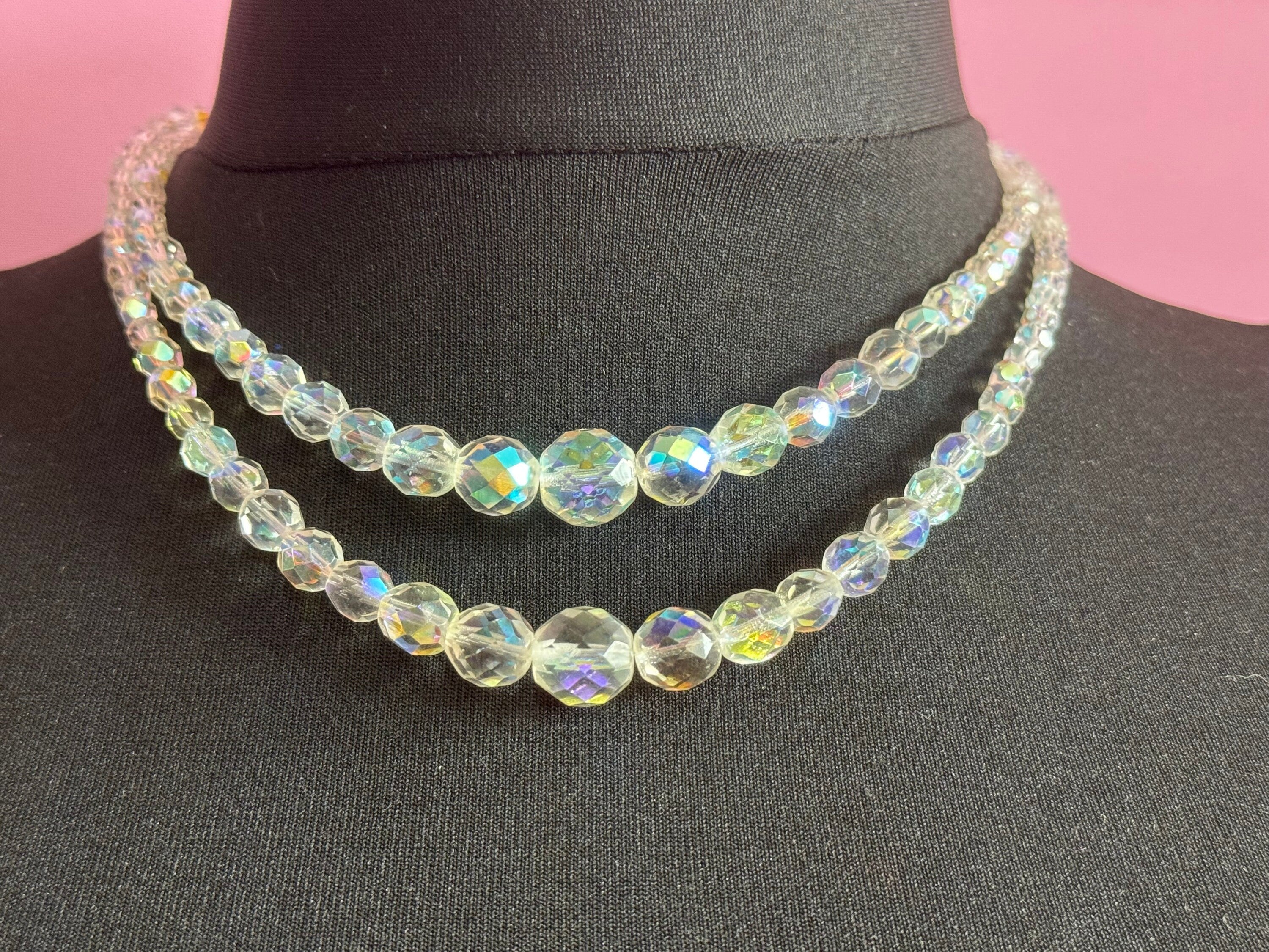 Vintage 1950s Aurora Borealis Crystal Bead Necklace (46cm)