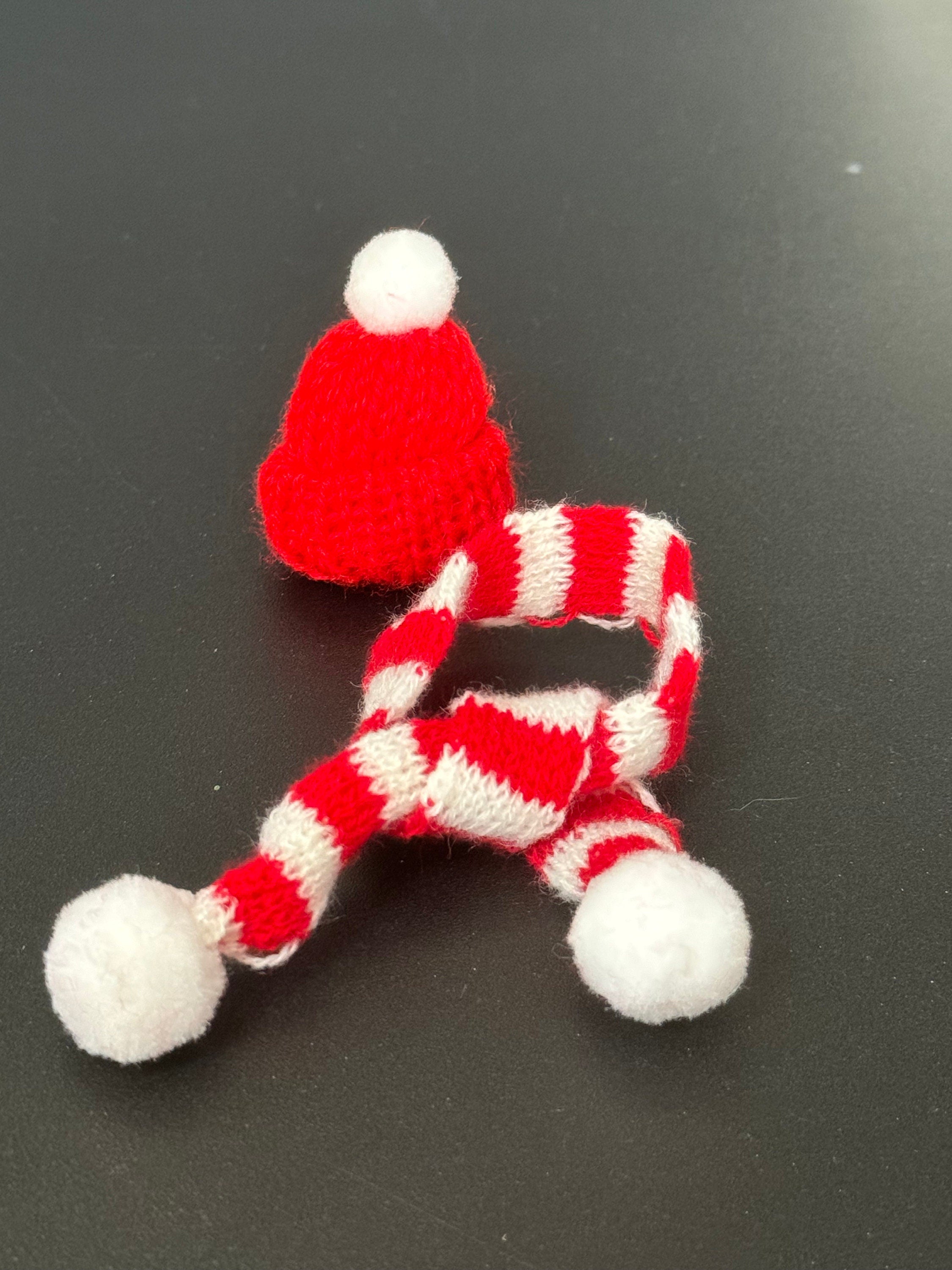 Miniature red and white Wool hat and matching scarf cake topper bottle tops