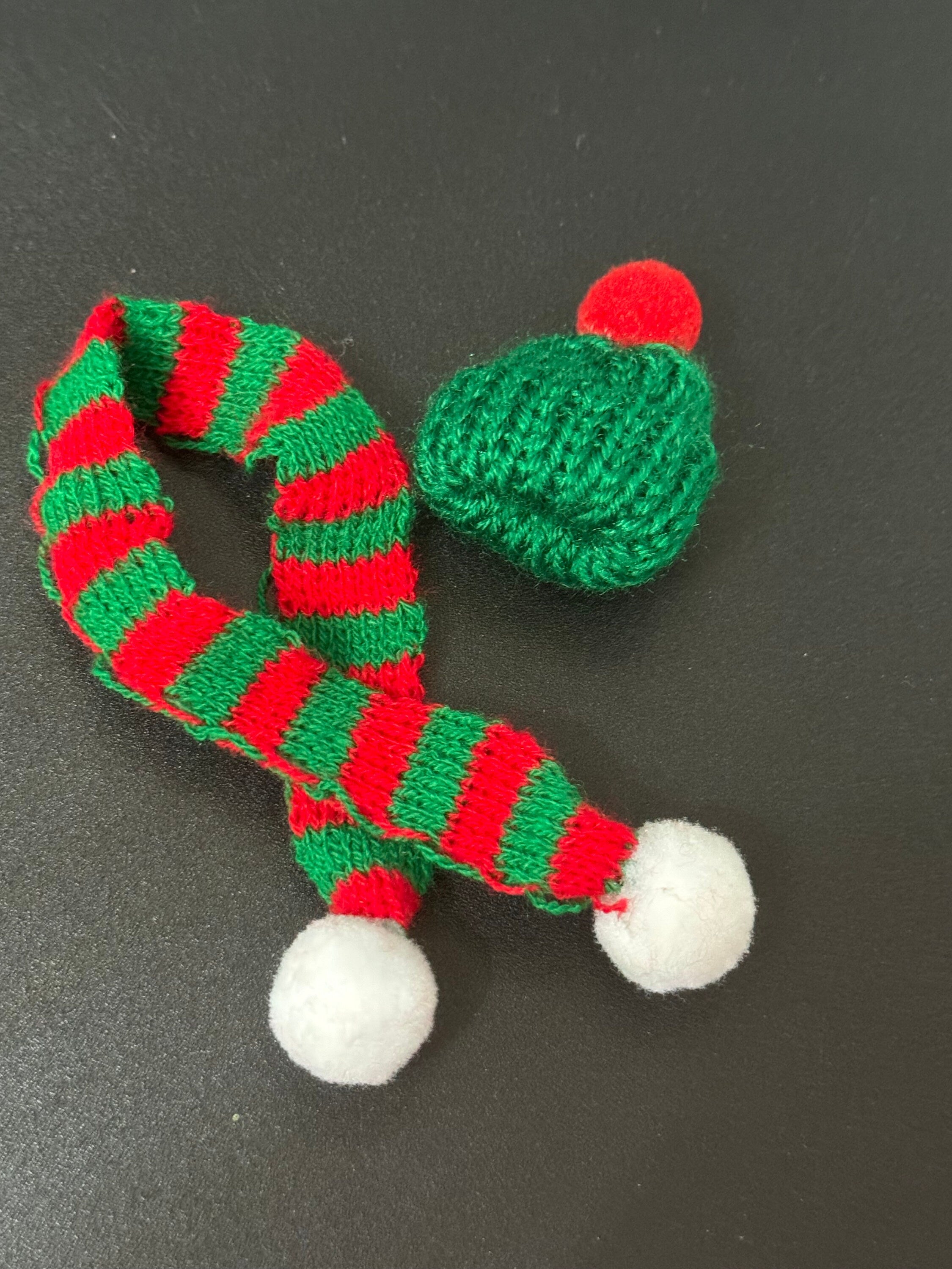 Miniature red and Green Wool hat and matching scarf cake topper bottle tops