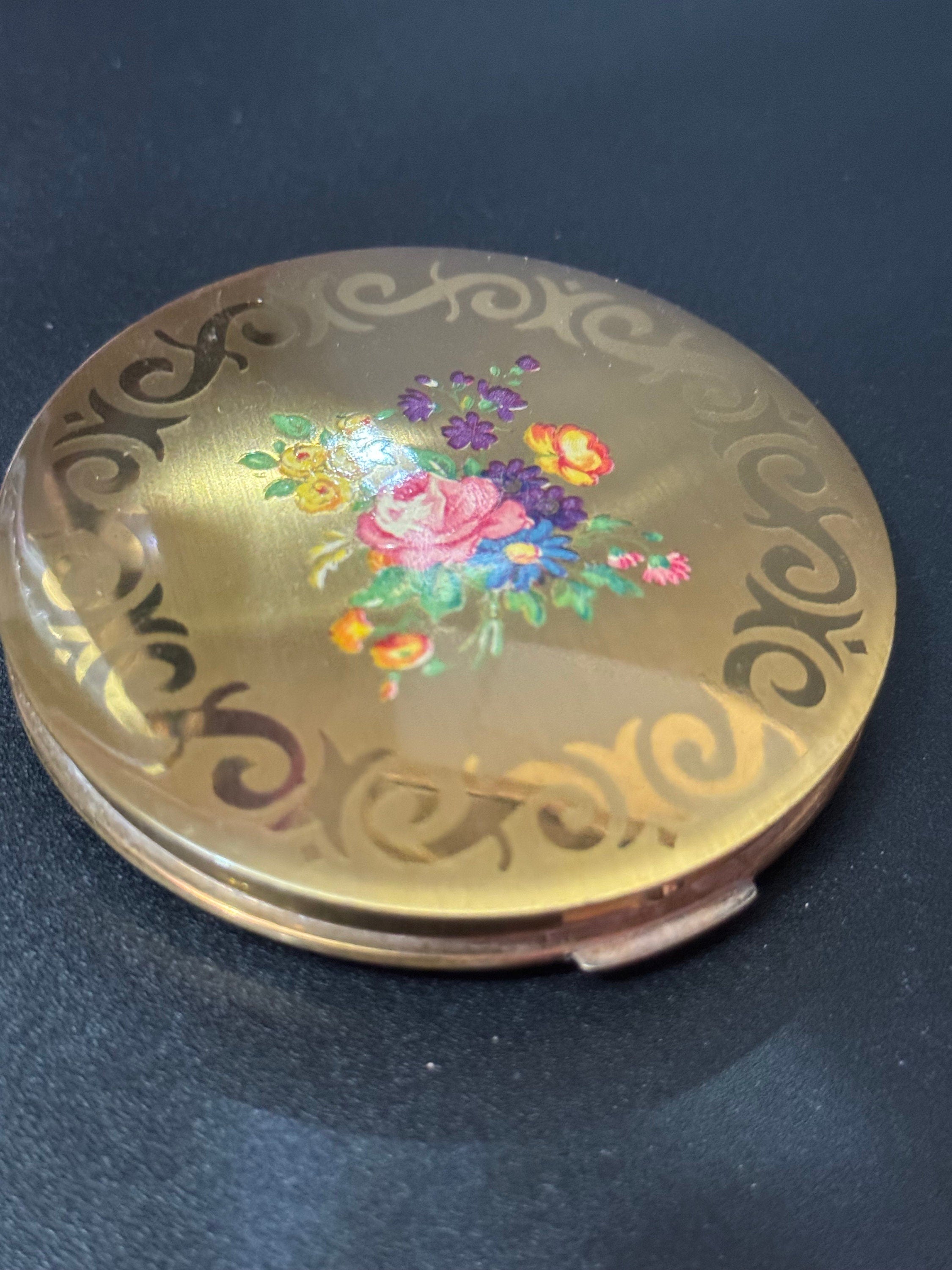 Garden flowers floral Stratton powder compact gold tone
