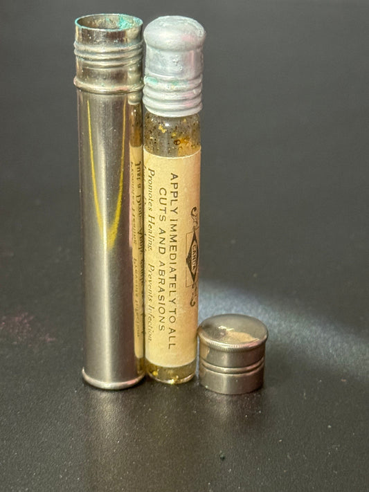 Medical iodine pen vintage Miniature Travelling Glass medicine bottle metal cased case