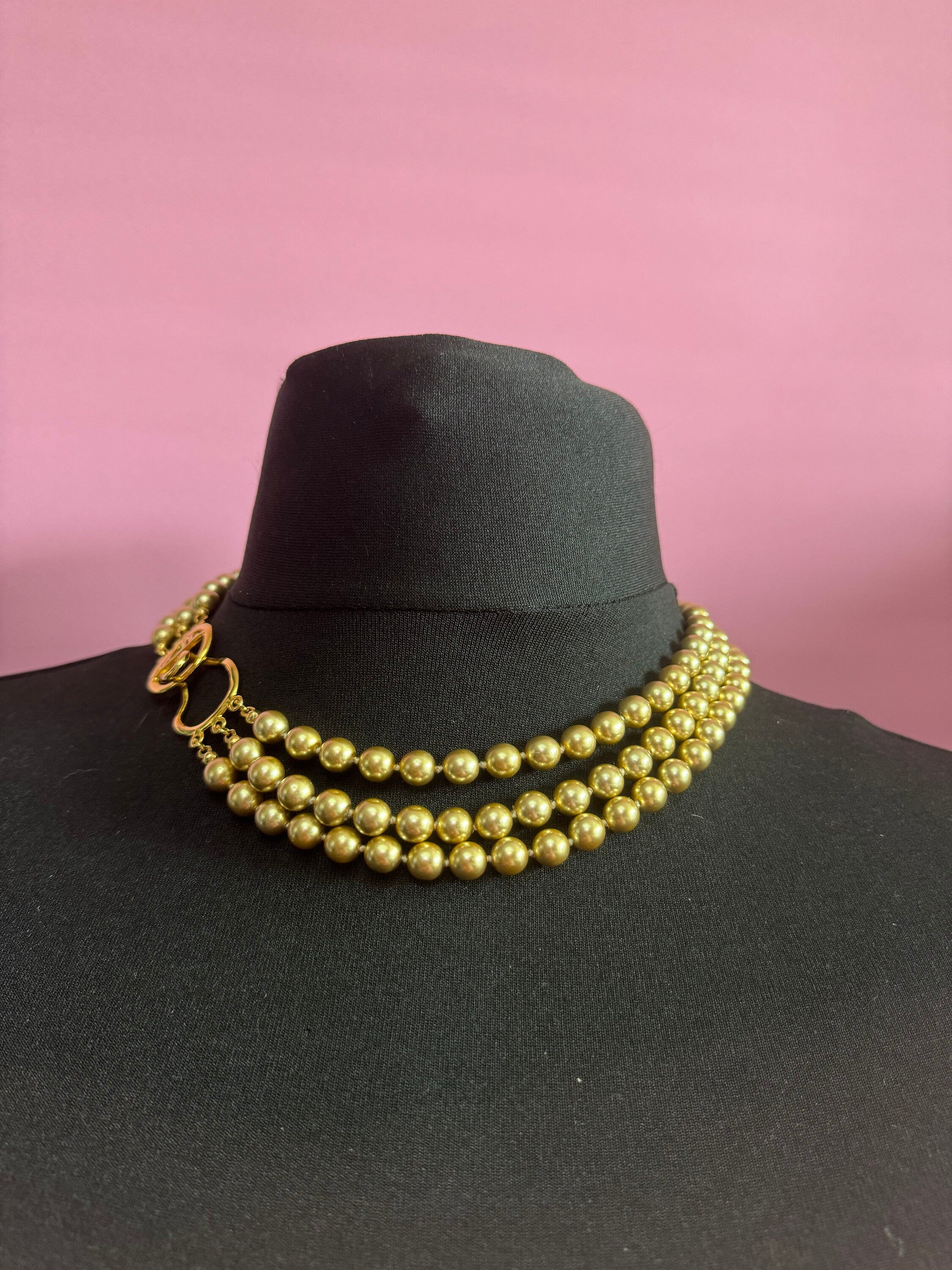 Signed KJL Brown Glass Pearl 3-Row Beaded Necklace