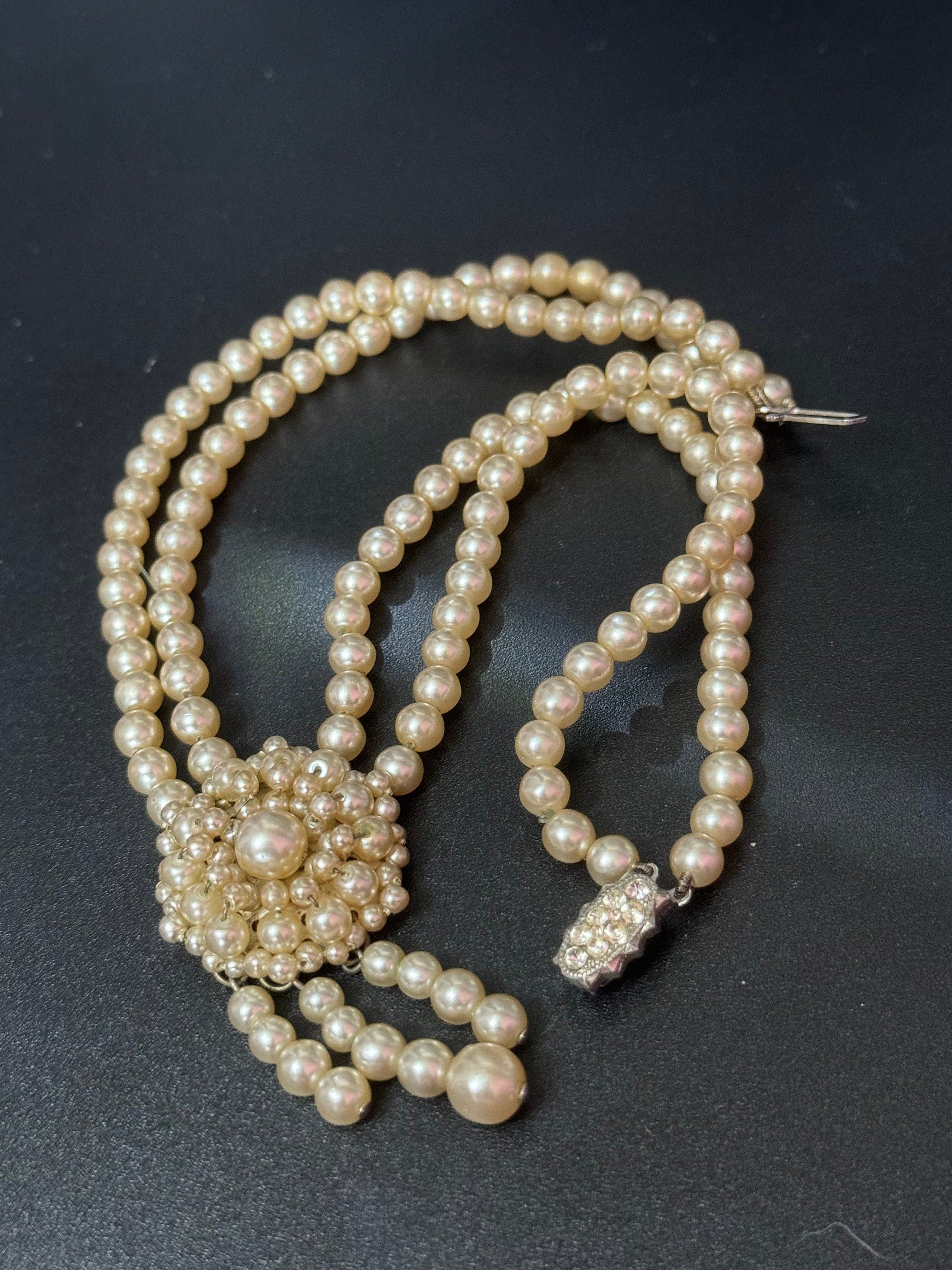 Petite 35cm slim neck 2 strand row faux plastic pearl choker drop necklace