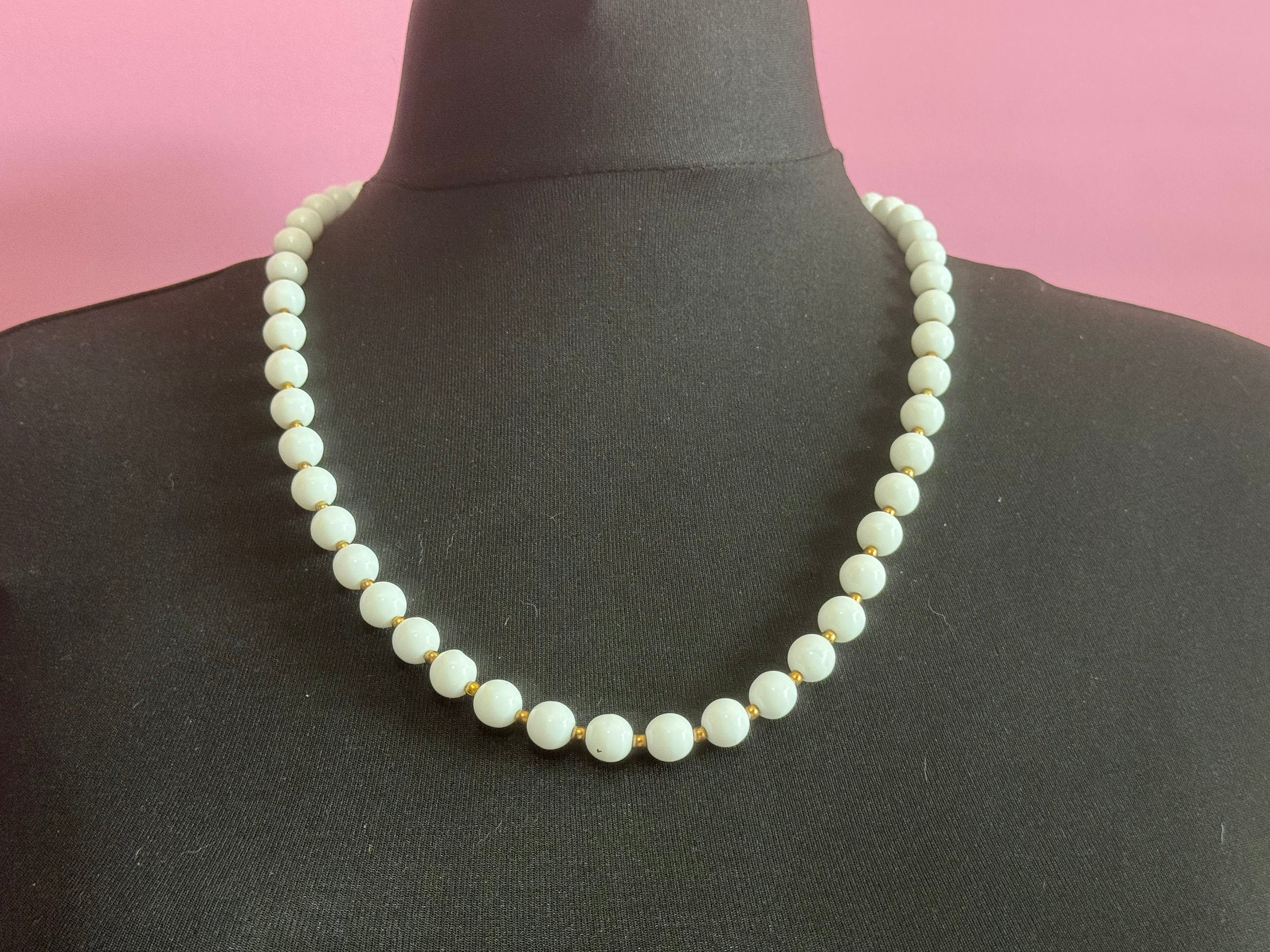 Vintage White milk glass round beaded necklace with small gold spacers 65cm