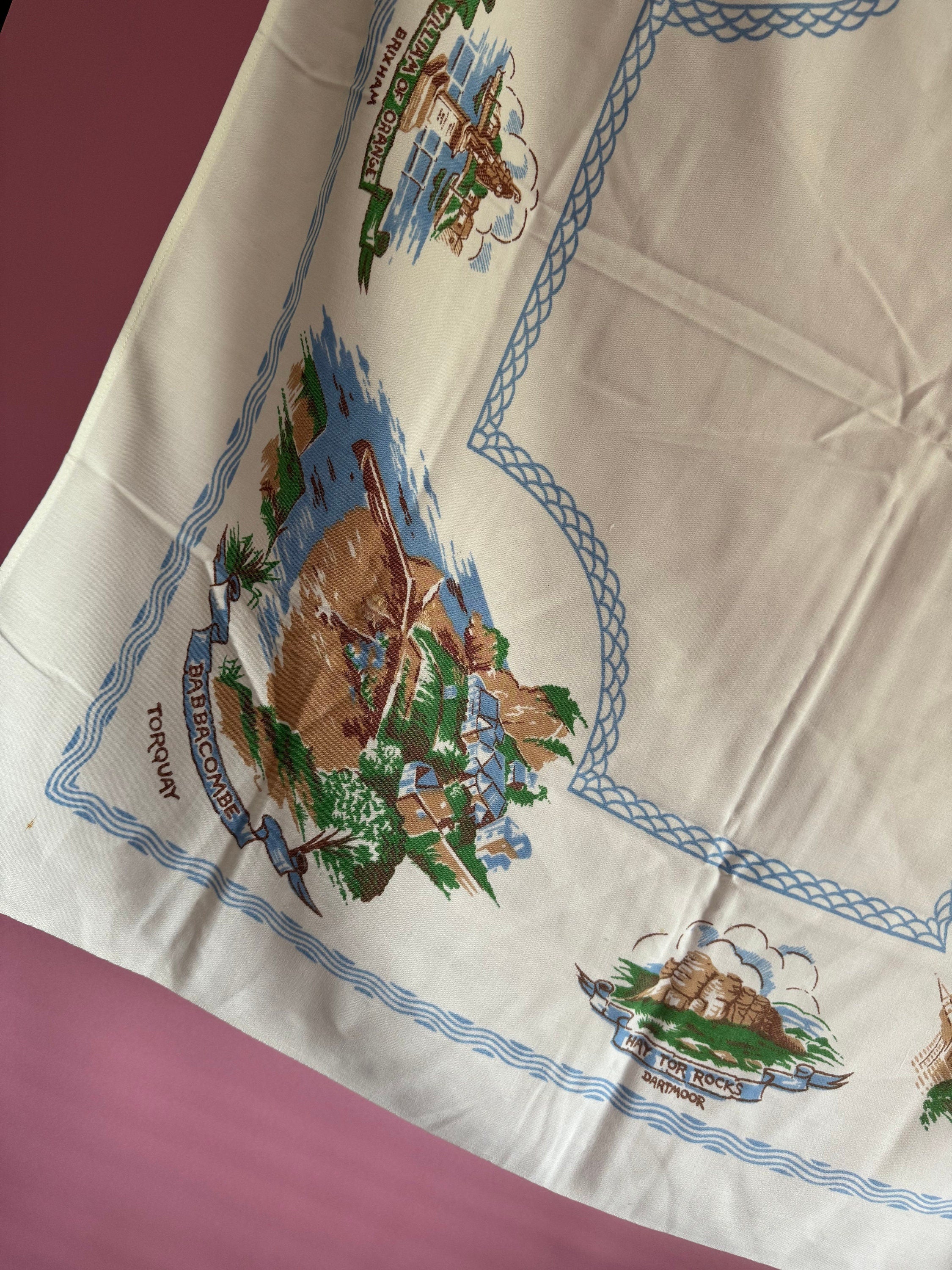 33” DEVON Vintage printed souvenir tablecloth towns landmarks