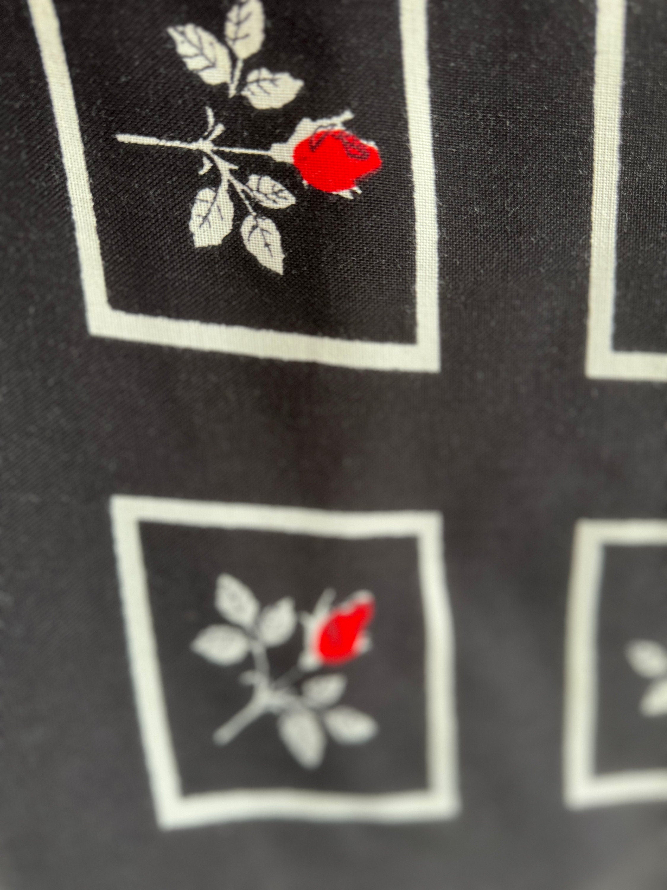 Vintage Floral Tablecloth: Black, White & Red Roses, 4 Napkins (47" Square)