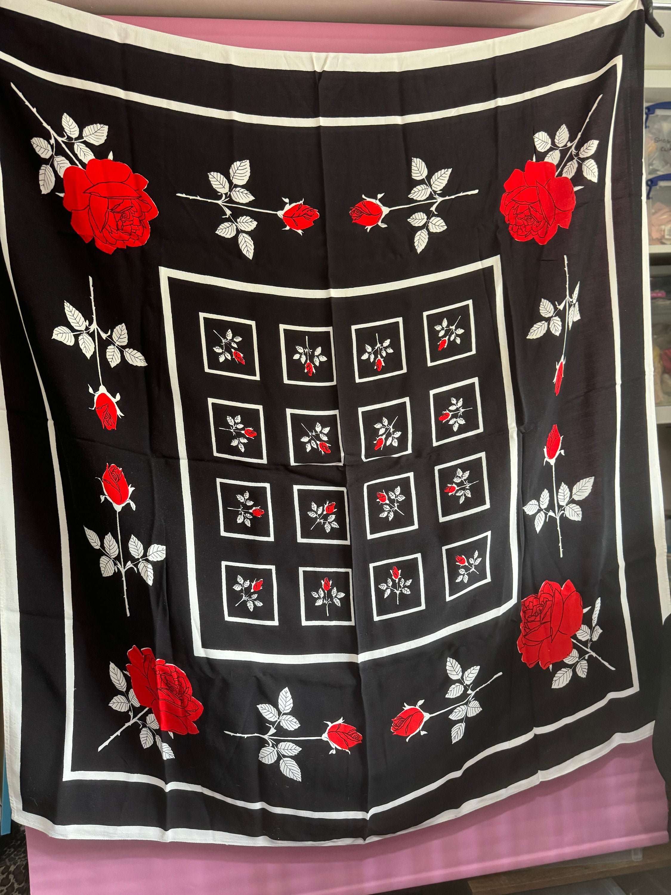 Vintage Floral Tablecloth: Black, White & Red Roses, 4 Napkins (47" Square)