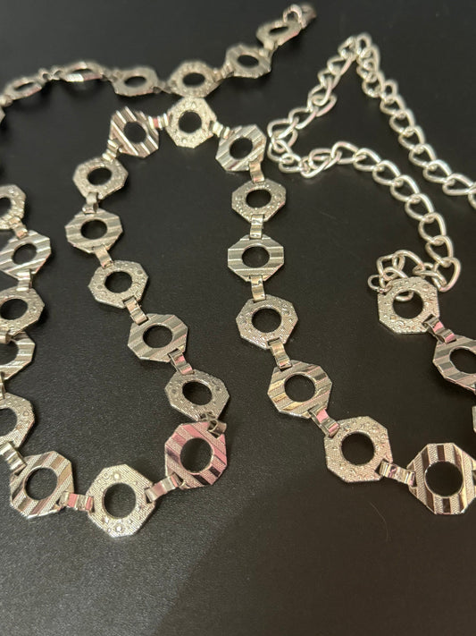 Vintage Ladies silver tone hexagon chain link belt adjustable 82-112cm
