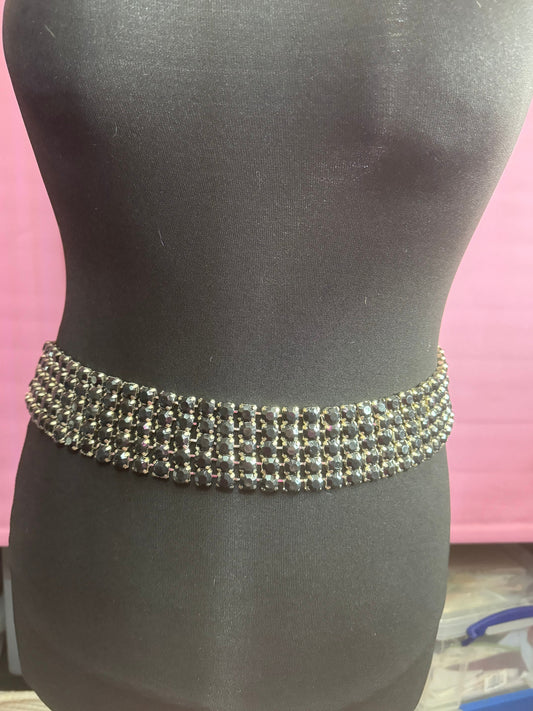 71-103cm retro black round acrylic cabochon diamanté rhinestone 5cm wide ladies fashion belt silver tone