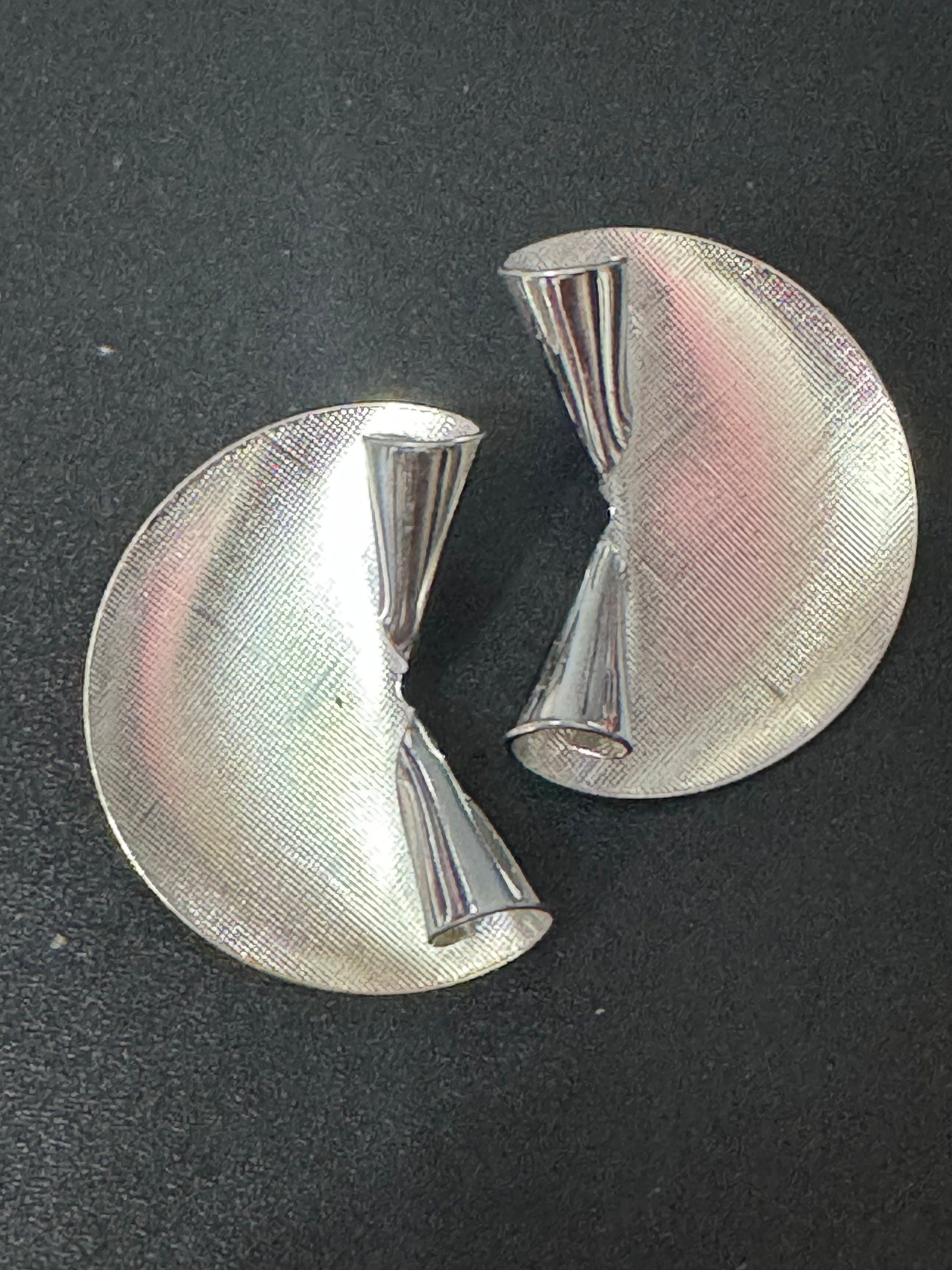 signed KIGU of London 3.5cm wide silver fan clip on earrings rhodium plated 1950s unused vintage