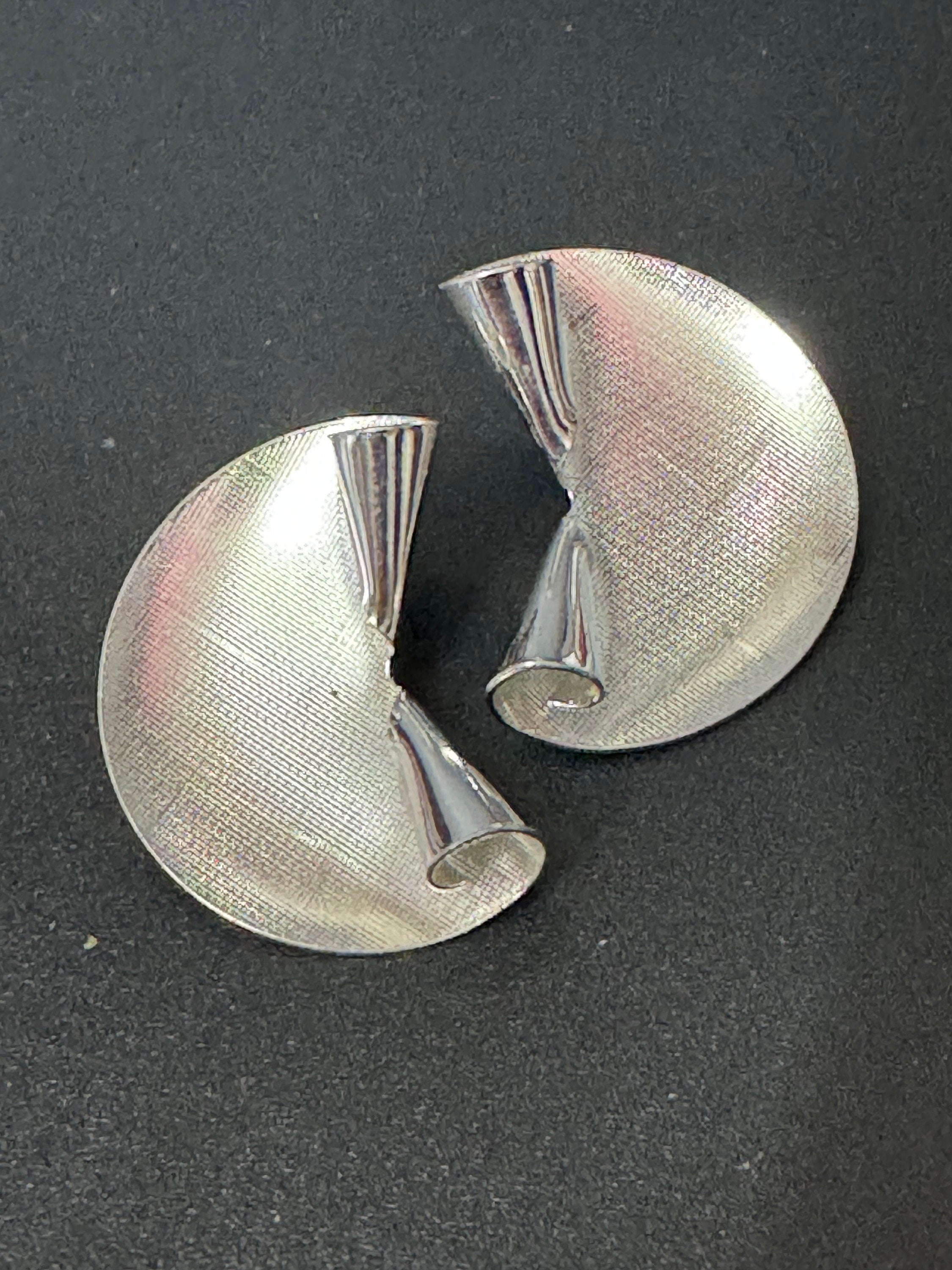 signed KIGU of London 3.5cm wide silver fan clip on earrings rhodium plated 1950s unused vintage