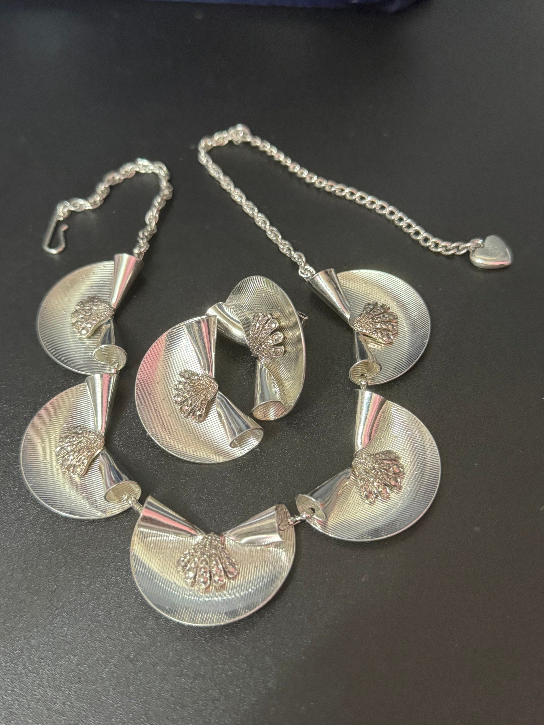 True vintage signed KIGU of London marcasite necklace & oversized fan Clip on earrings rhodium plated old shop stock from 1950s Marquetta