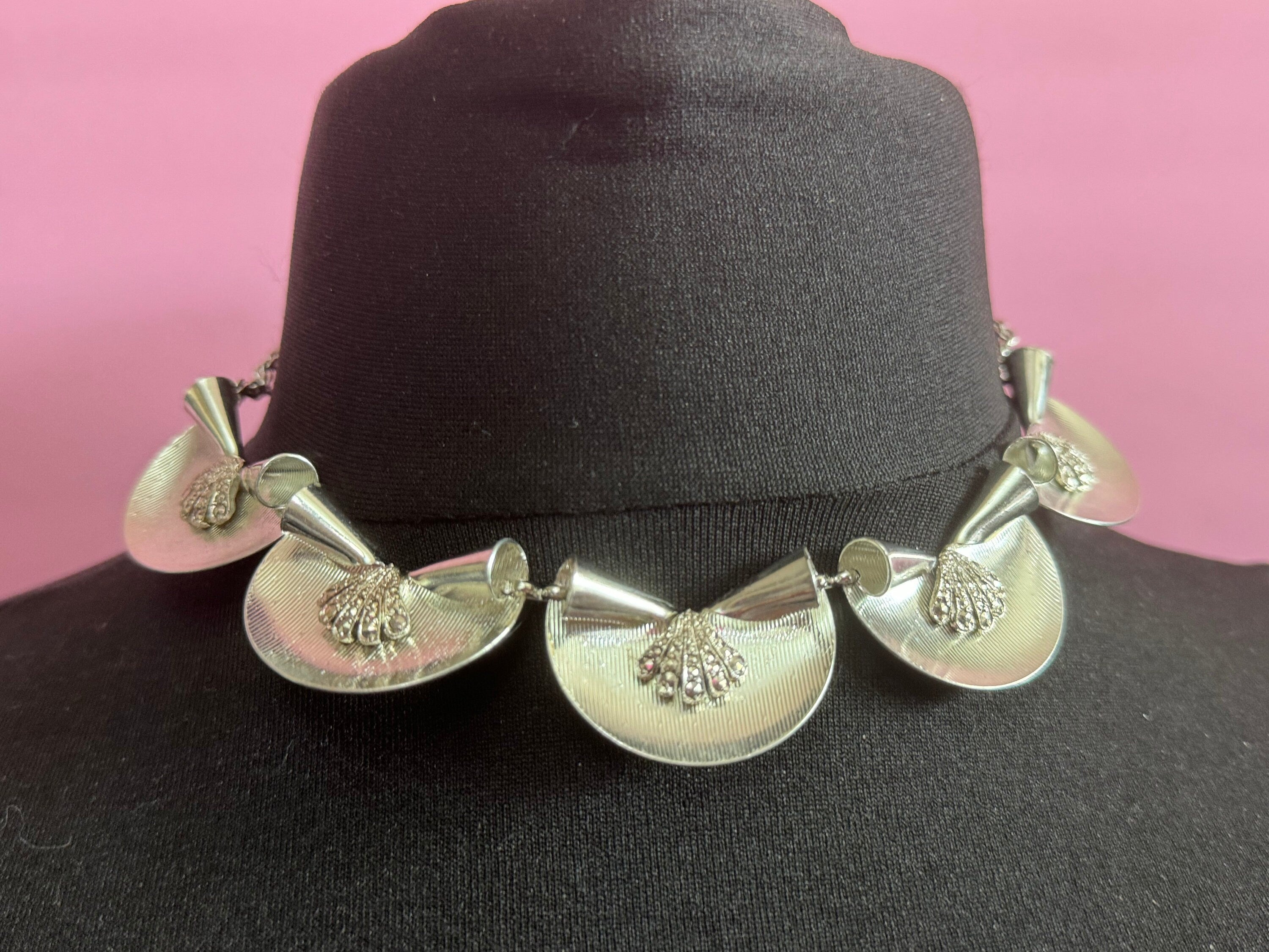 True vintage signed KIGU of London marcasite necklace & oversized fan Clip on earrings rhodium plated old shop stock from 1950s Marquetta